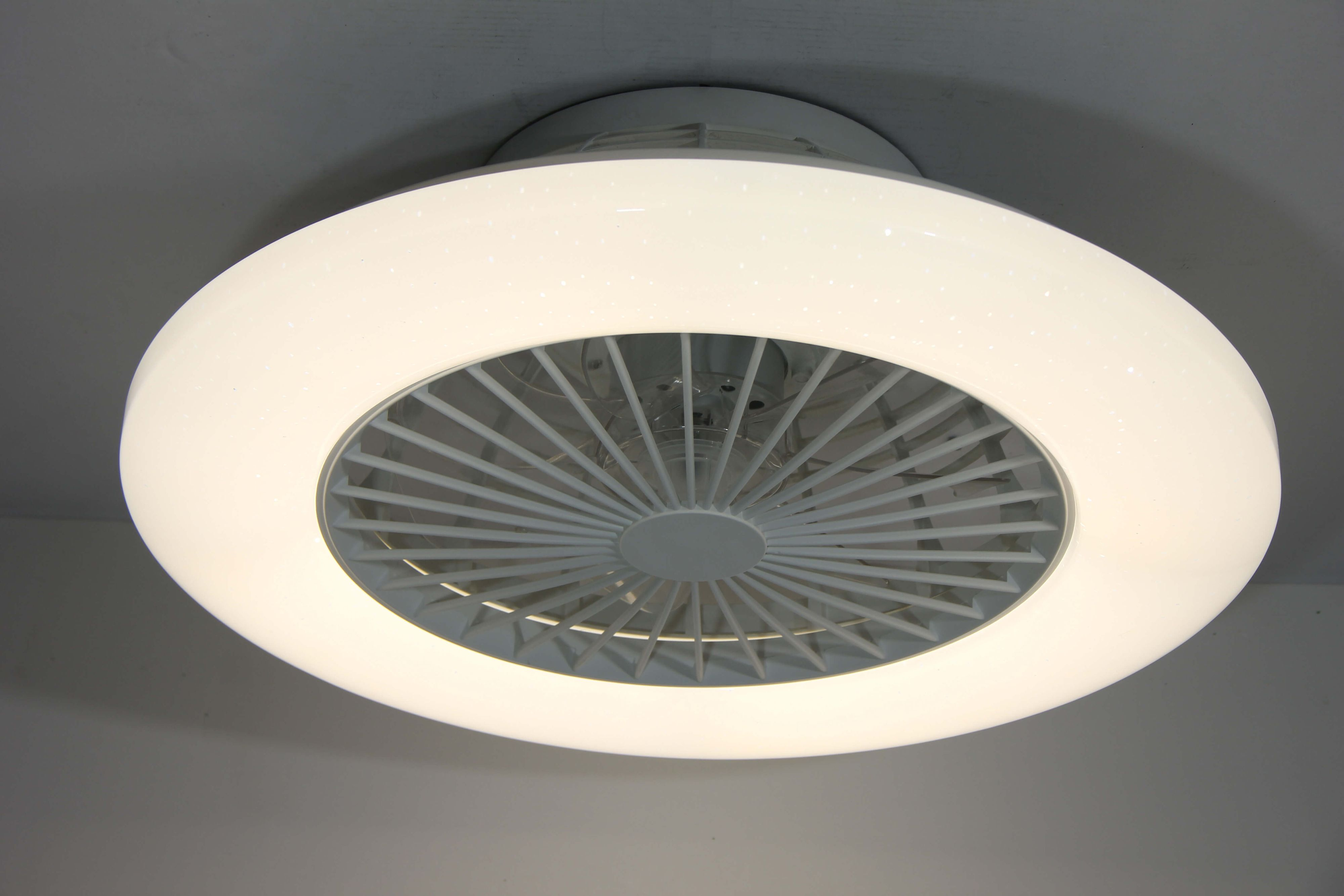 Ein weißer Deckenventilator mit kreisförmigem Licht und einem Lüfterblatt, von unten gesehen.