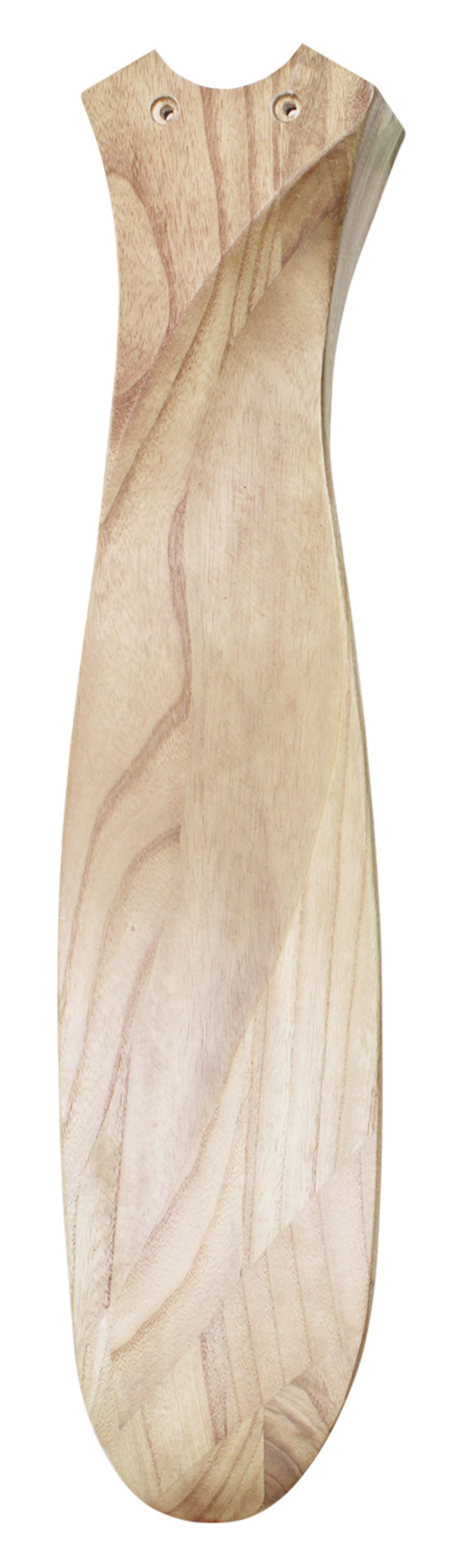 Una singola pala di ventilatore in legno su sfondo bianco, mostra la venatura.