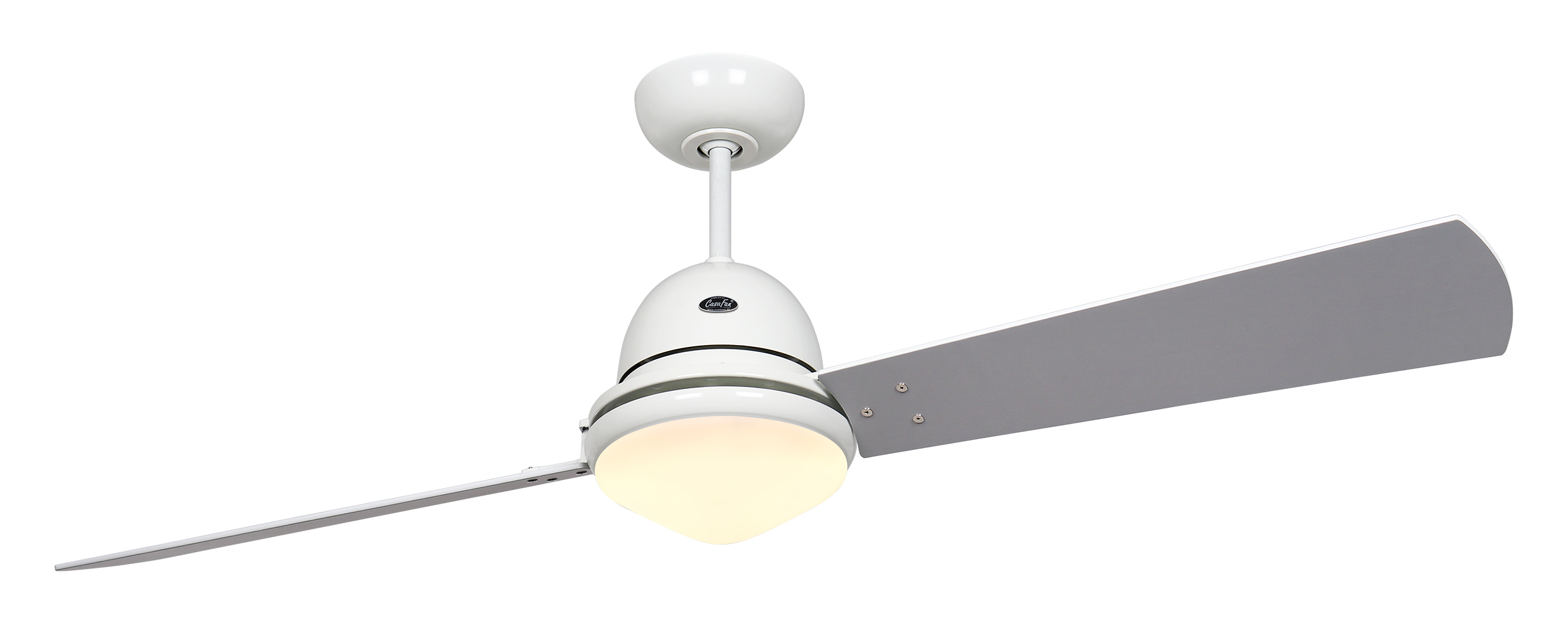 Weißer Deckenventilator mit Licht. Er hat zwei Flügel und eine zentrale Leuchte.