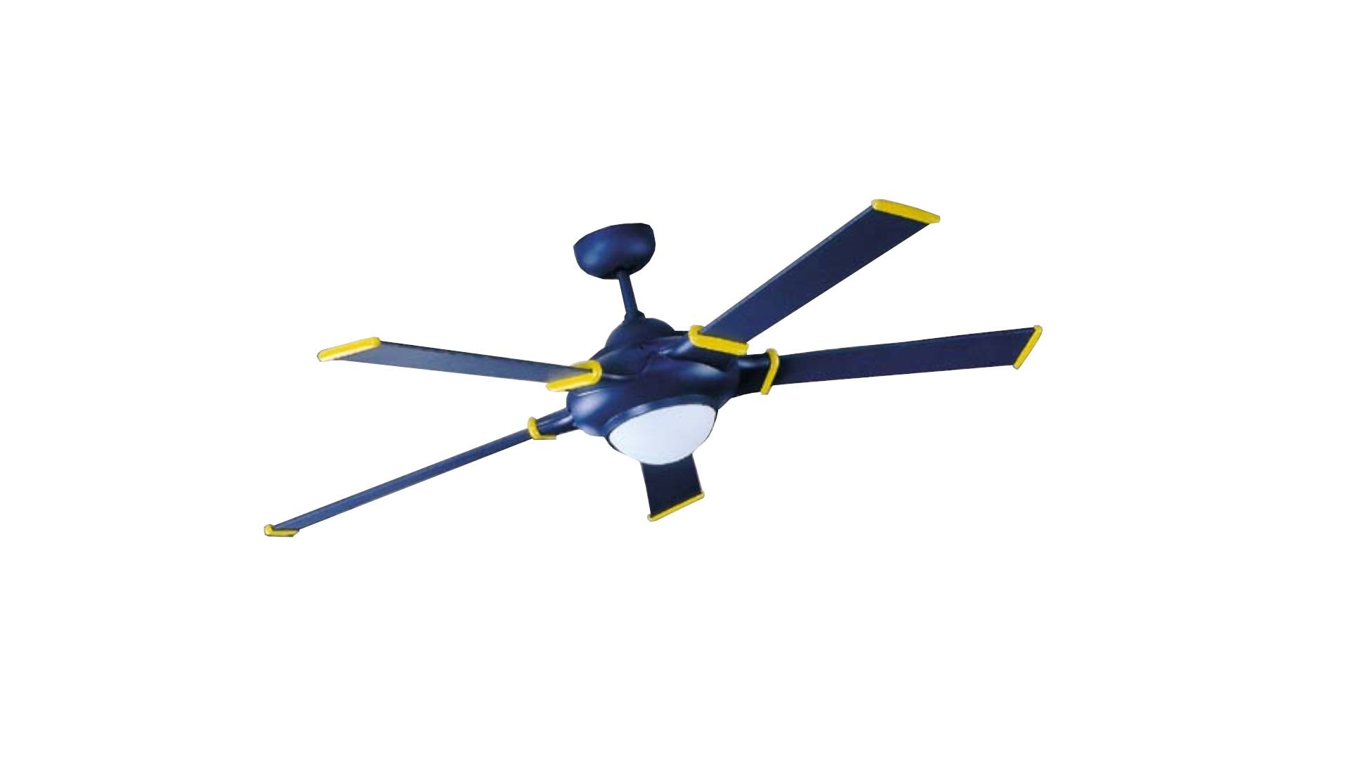 Ein Deckenventilator mit fünf blauen Flügeln und gelben Kanten sowie einem dunkelblauen Motorgehäuse.