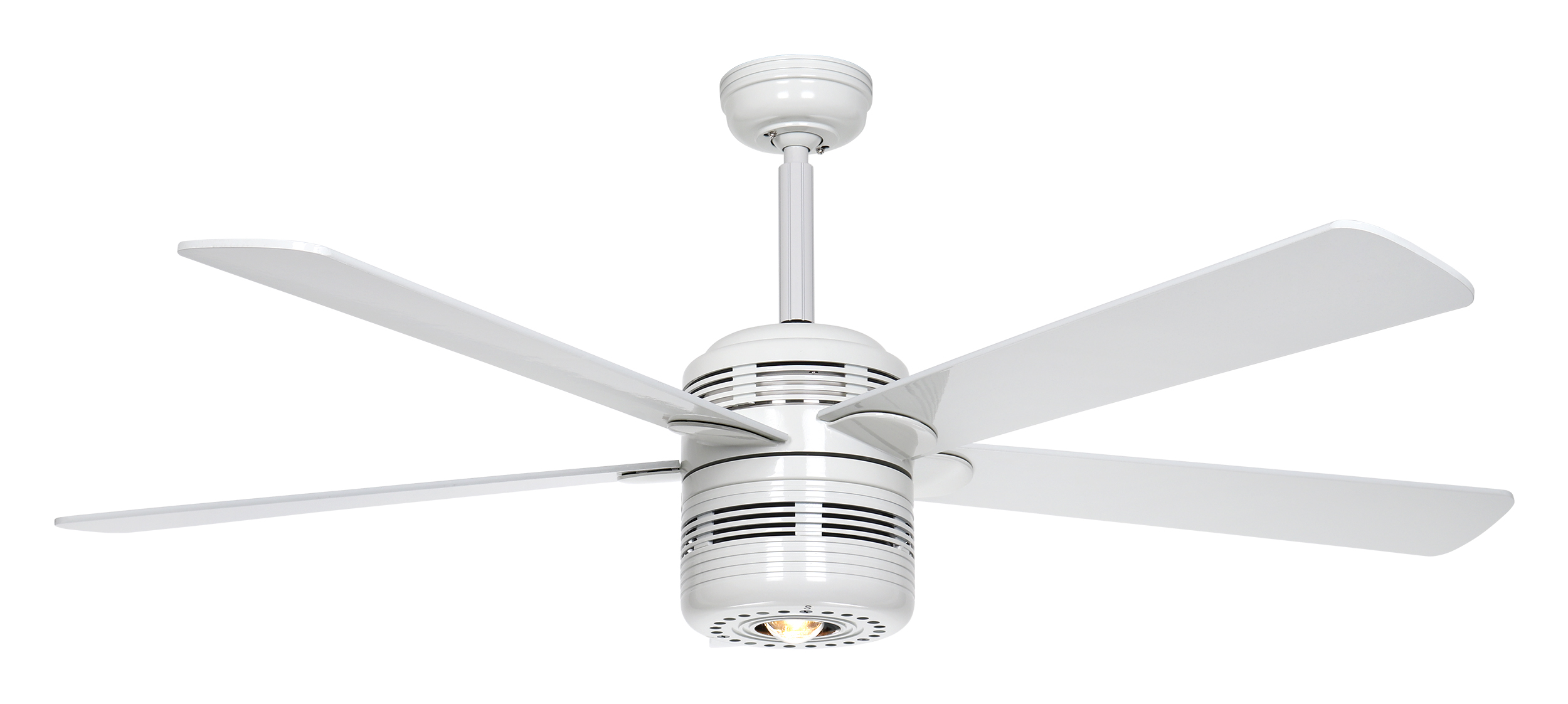 Un ventilatore da soffitto bianco con cinque pale, con un'apparecchio di illuminazione in basso, su sfondo bianco.