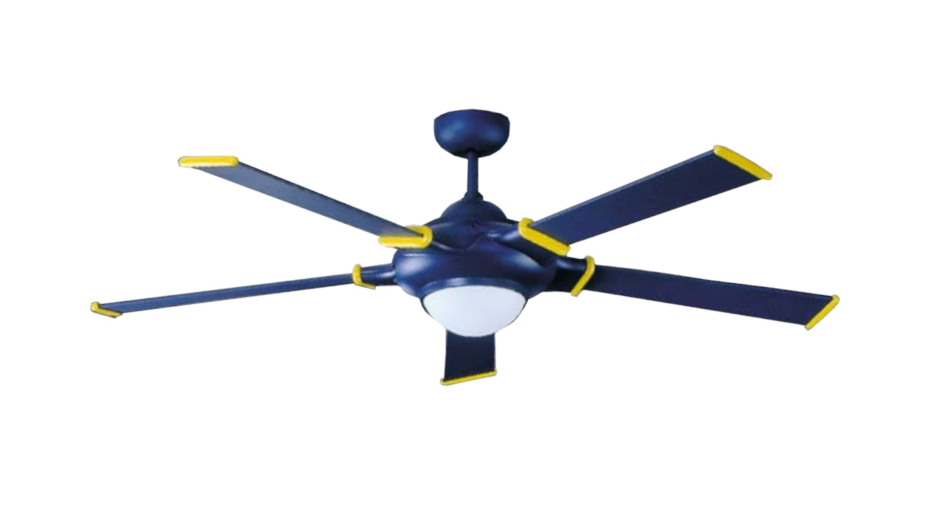 Deckenventilator mit fünf dunkelblauen Blättern und gelben Spitzen.