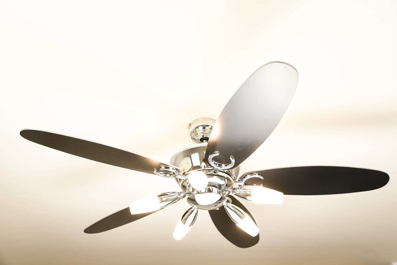 Deckenventilator mit fünf Flügeln und einer zentralen Leuchte. Heller, neutraler Hintergrund.