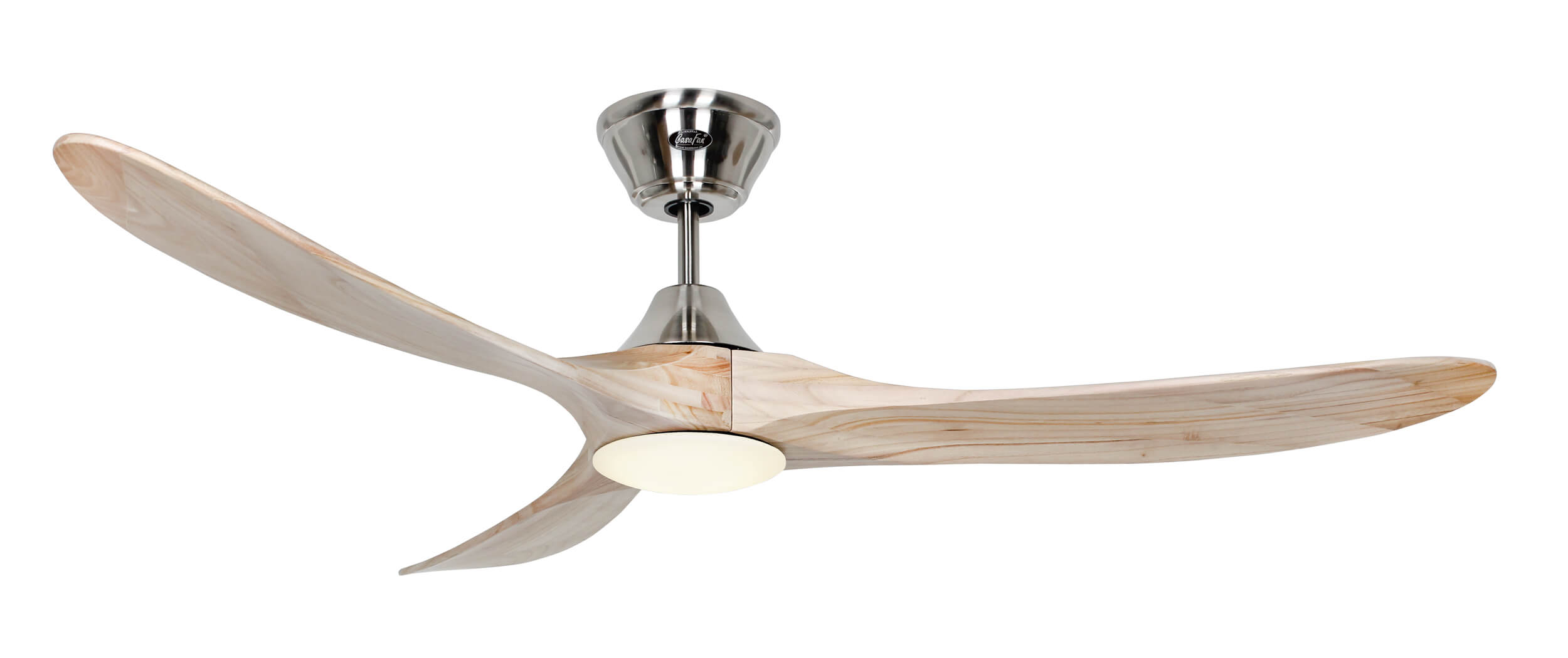 Ventilatore a soffitto con tre pale color legno e un motore argentato, con una luce in basso.