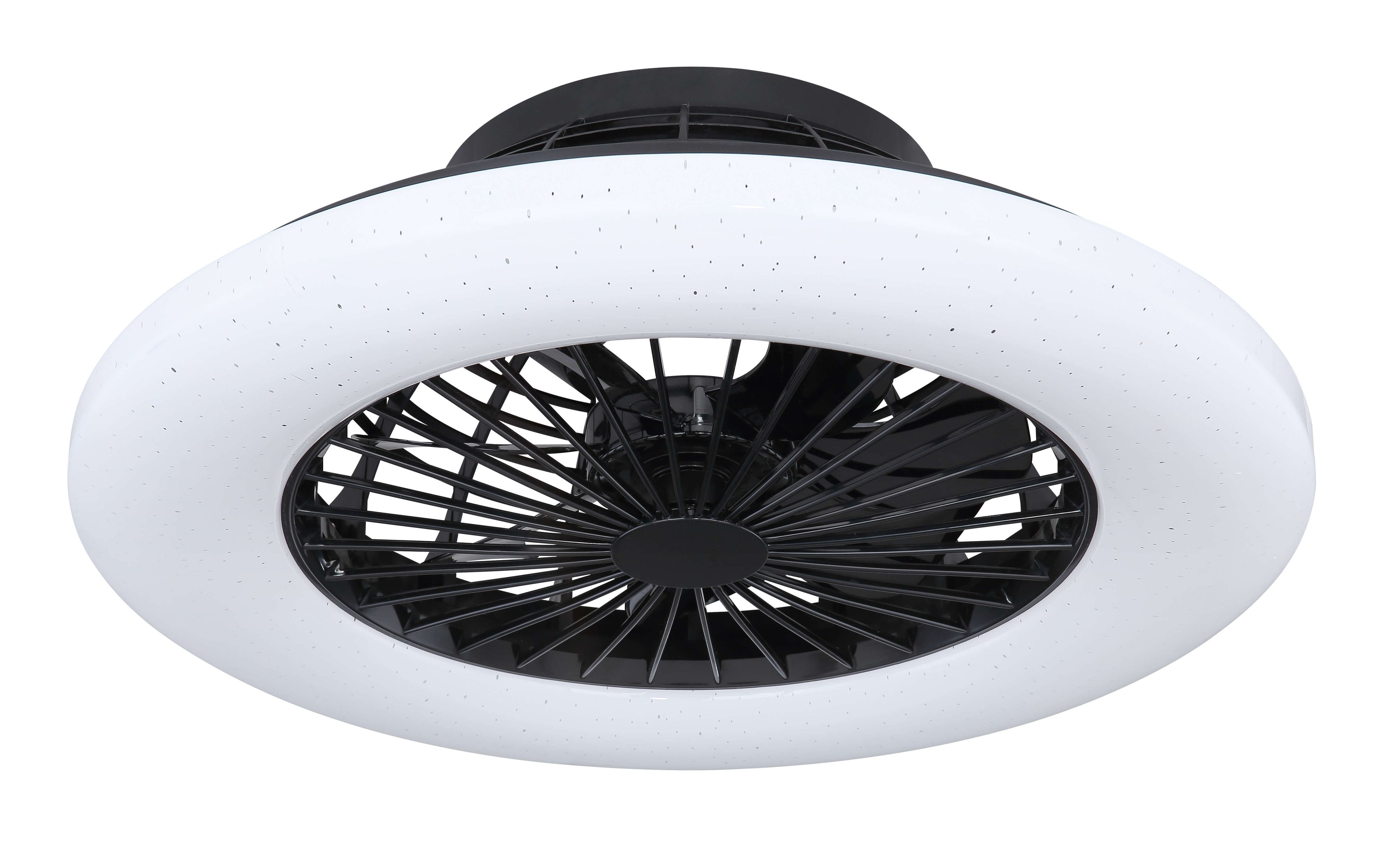 Deckenventilator mit weißem Ringlicht.