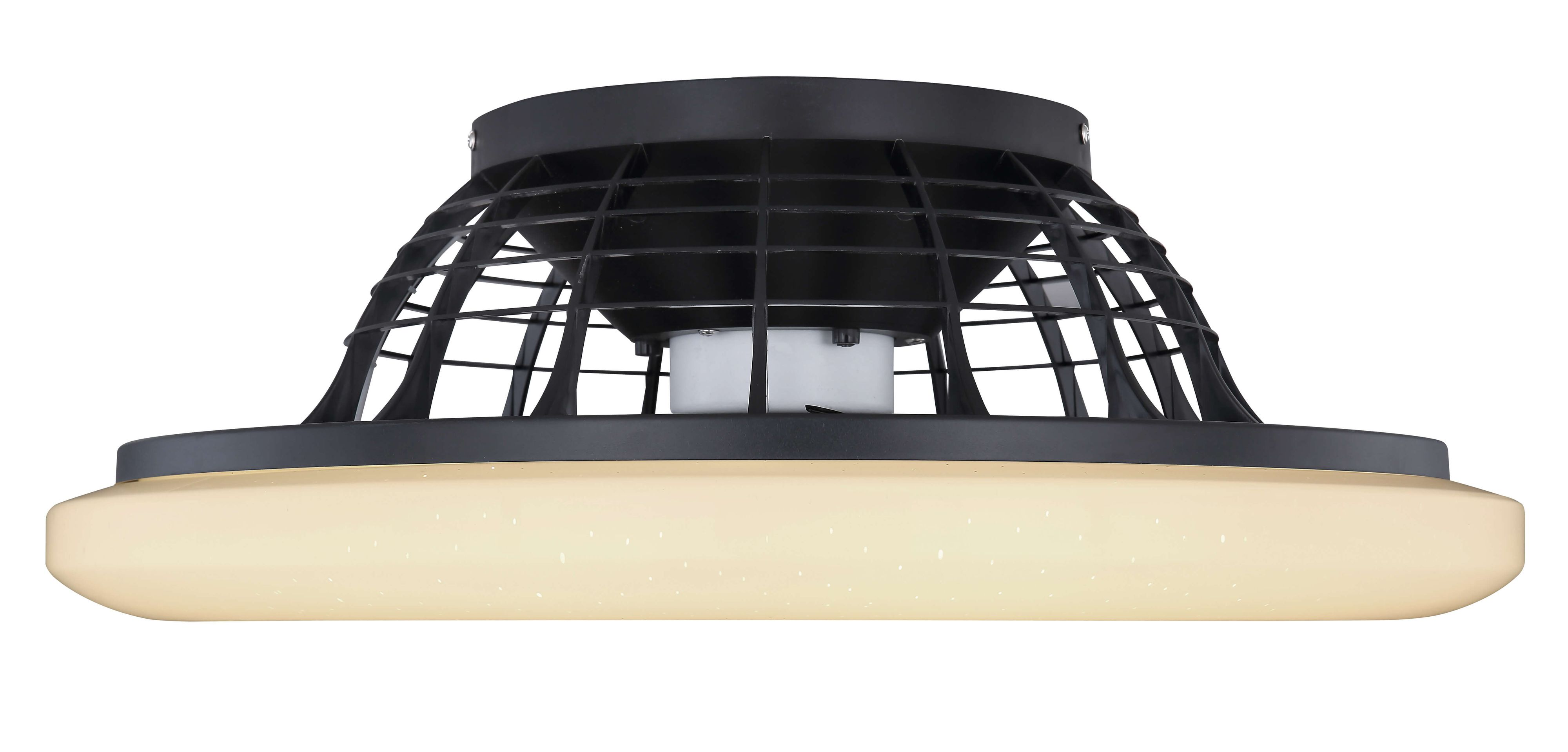 Nahaufnahme eines schwarz-weißen Deckenventilators mit Schutzgitter.