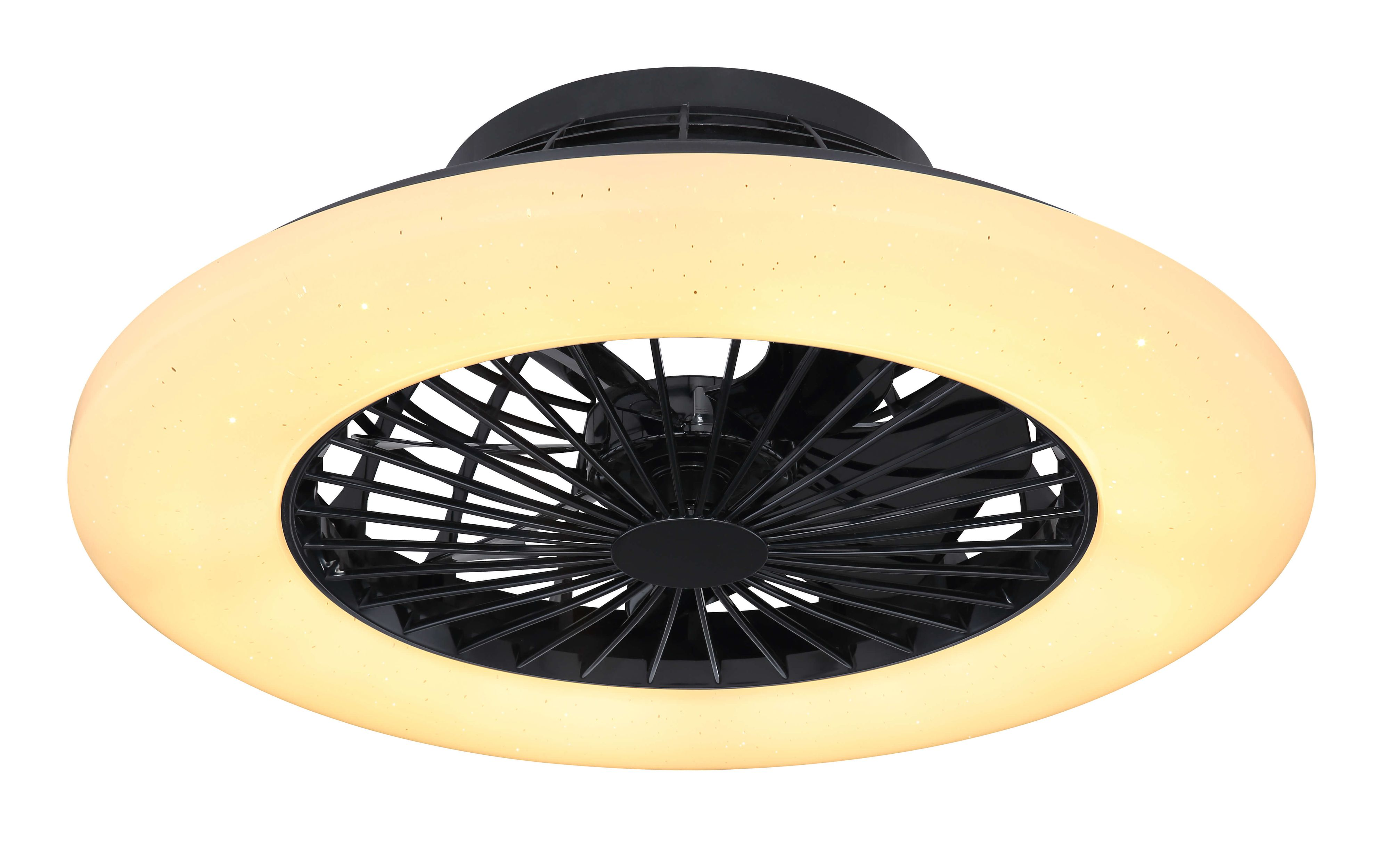 Schwarzer Deckenventilator mit einem Licht. Weißer Hintergrund.