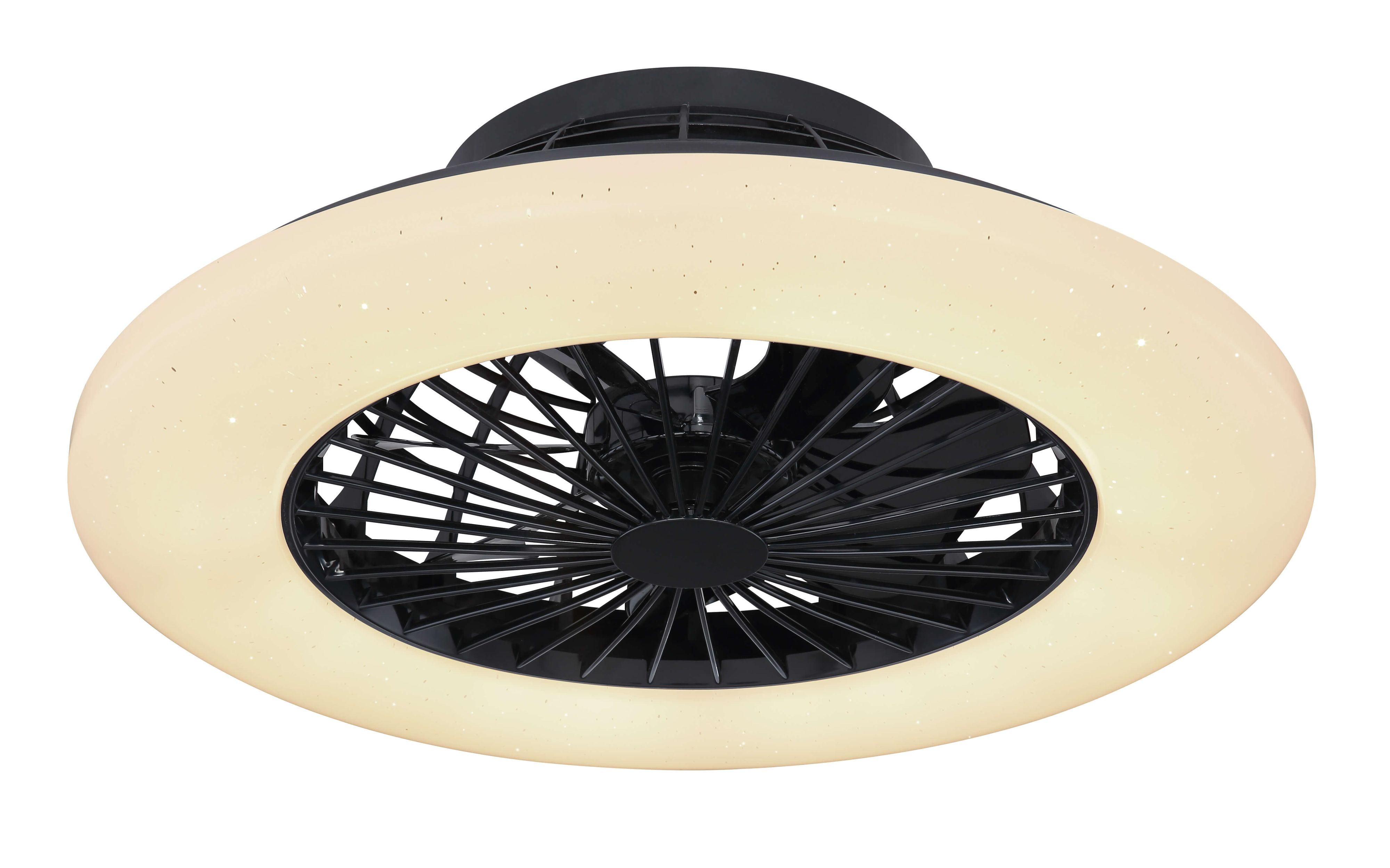 Ein schwarzer Deckenventilator mit einem weißen beleuchteten Ring um die Flügel.