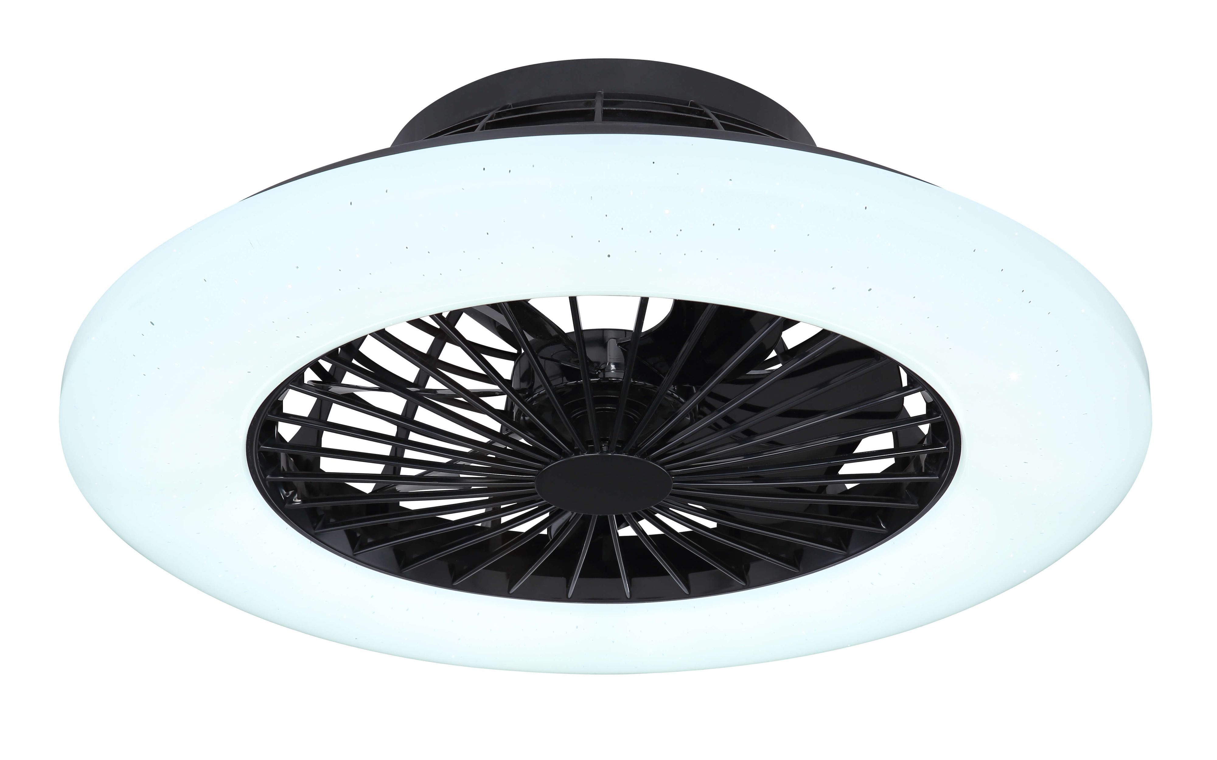 Ein schwarzer Deckenventilator mit weißem Lichtring, auf weißem Hintergrund, zeigt die Lüfterflügel.