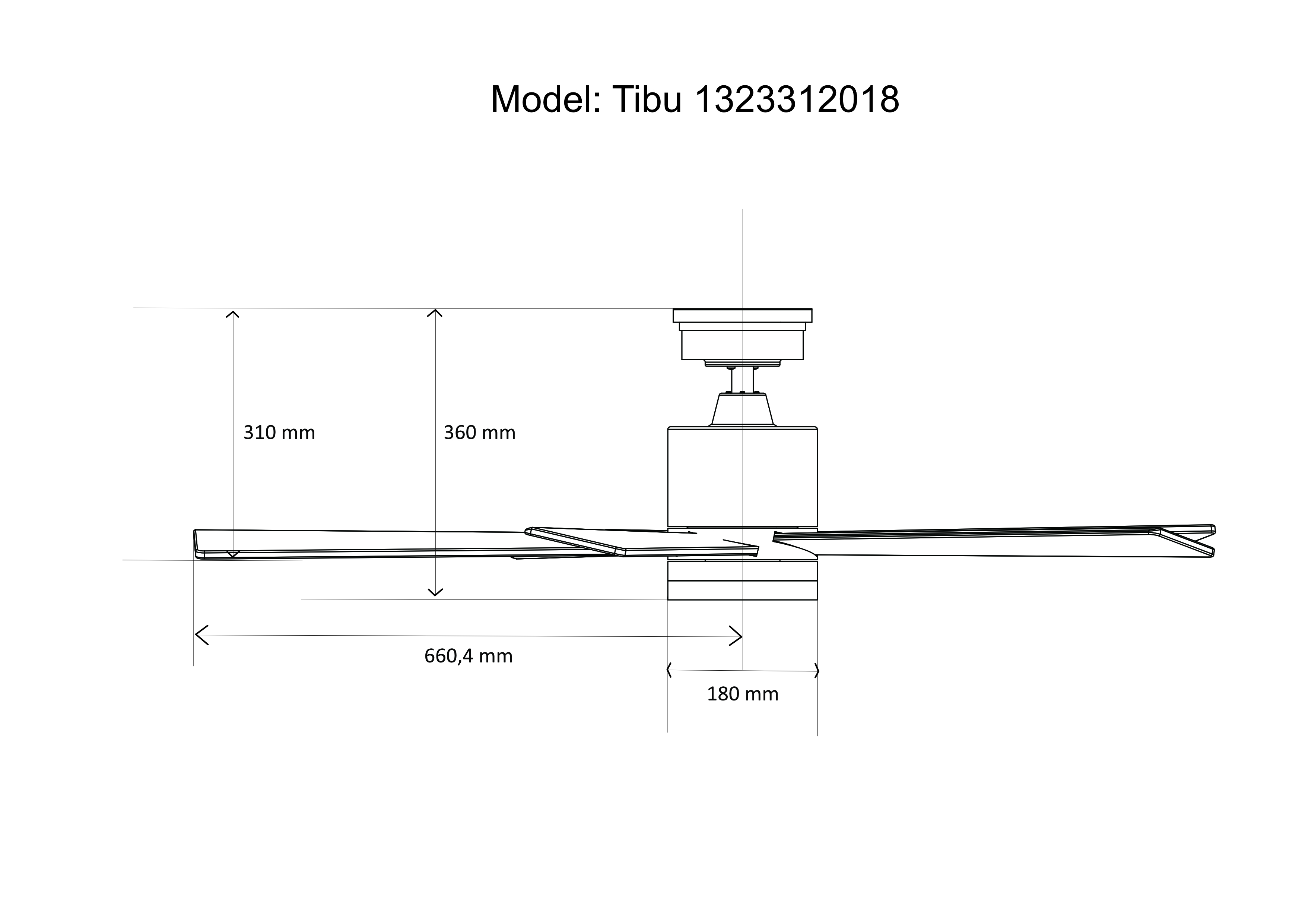 Deckenventilator-Diagramm mit Abmessungen, beschriftet, weißer Hintergrund.