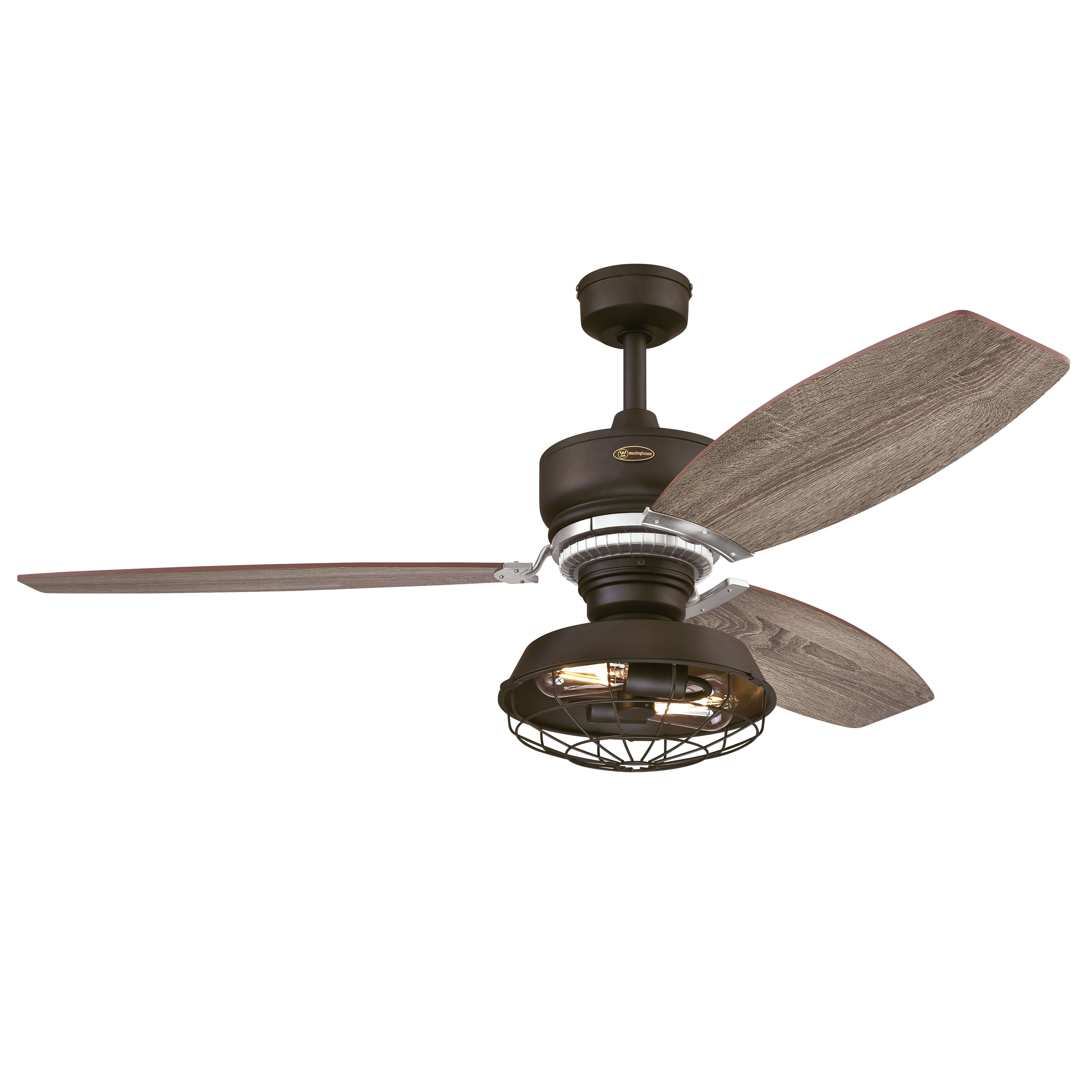 Ein Deckenventilator mit braunen Holzflügeln, einem schwarzen Motor und einer käfigartigen Leuchte darunter.