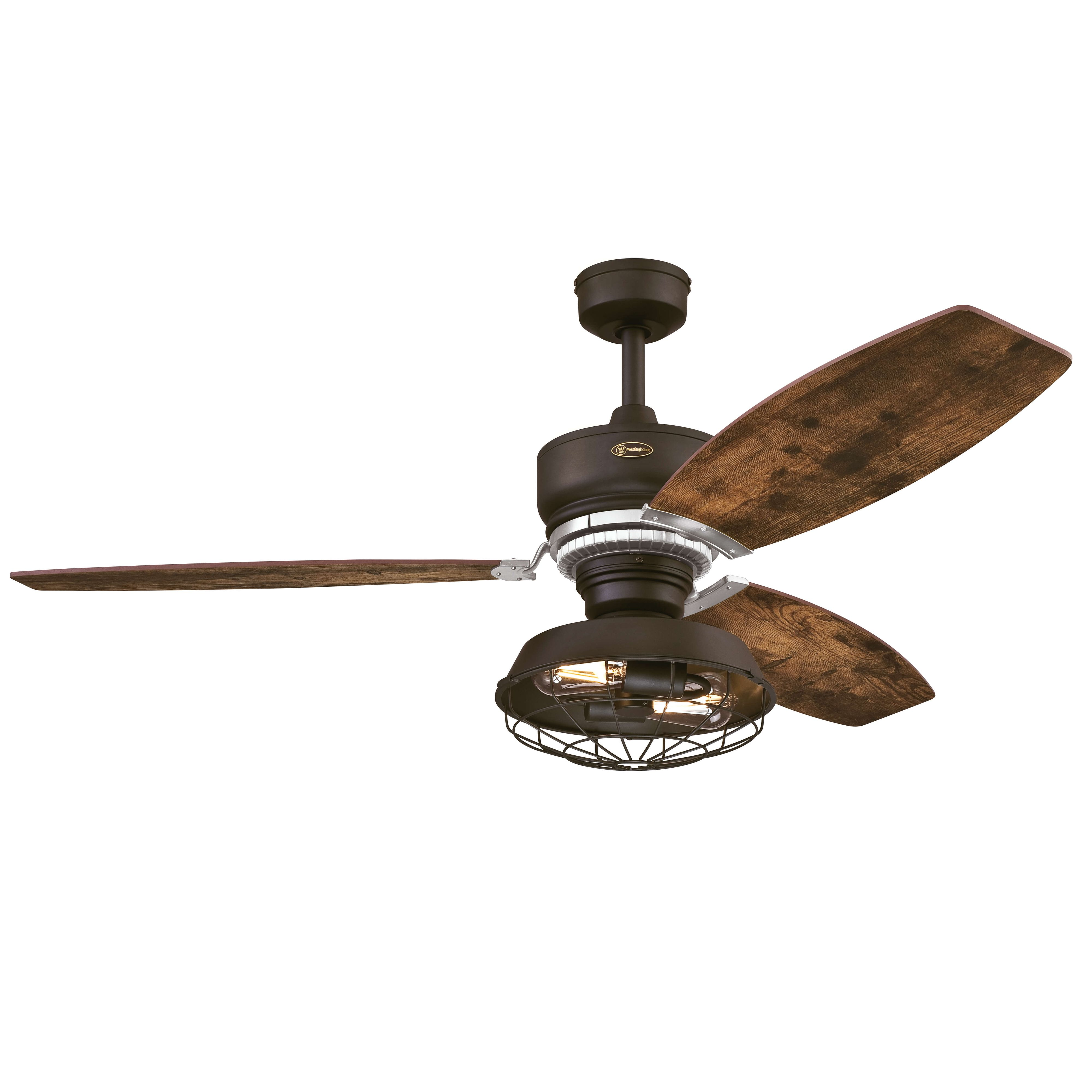 Brauner und schwarzer Deckenventilator mit Licht und 3 Flügeln. Der Ventilator hat eine käfigartige Leuchte.