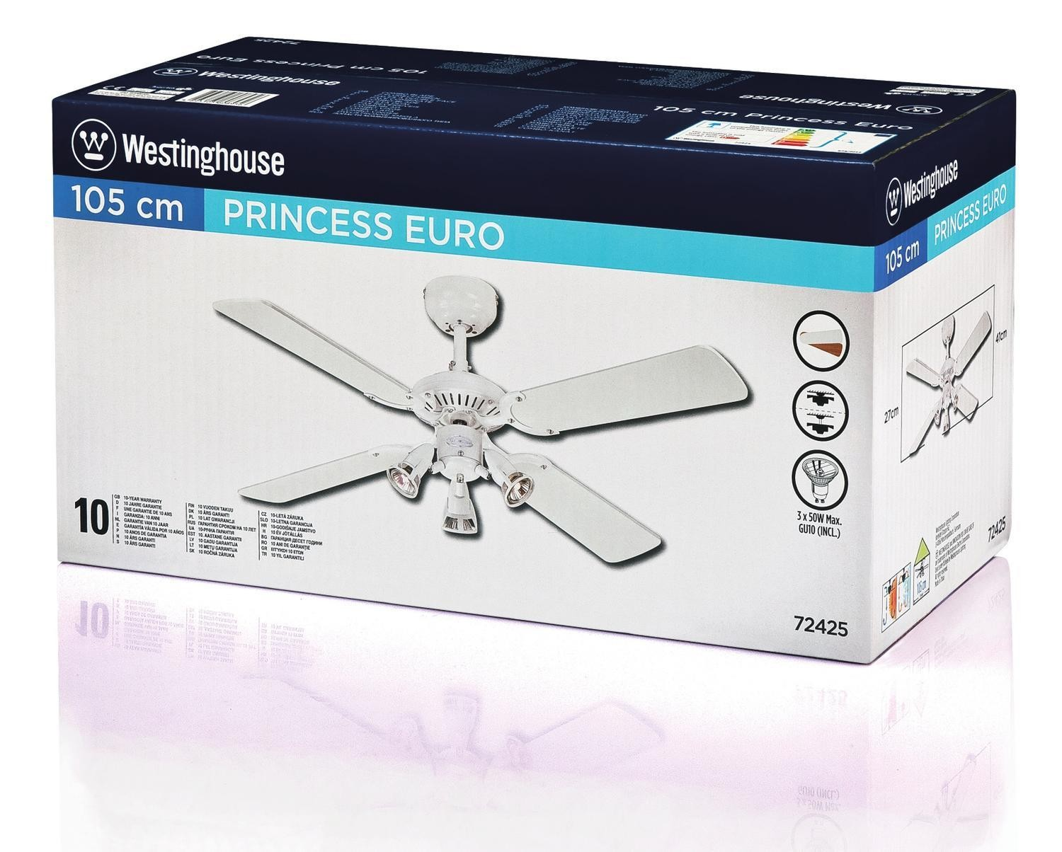 Ventilatore da soffitto Westinghouse Princess Euro in una scatola, che mostra i dettagli.