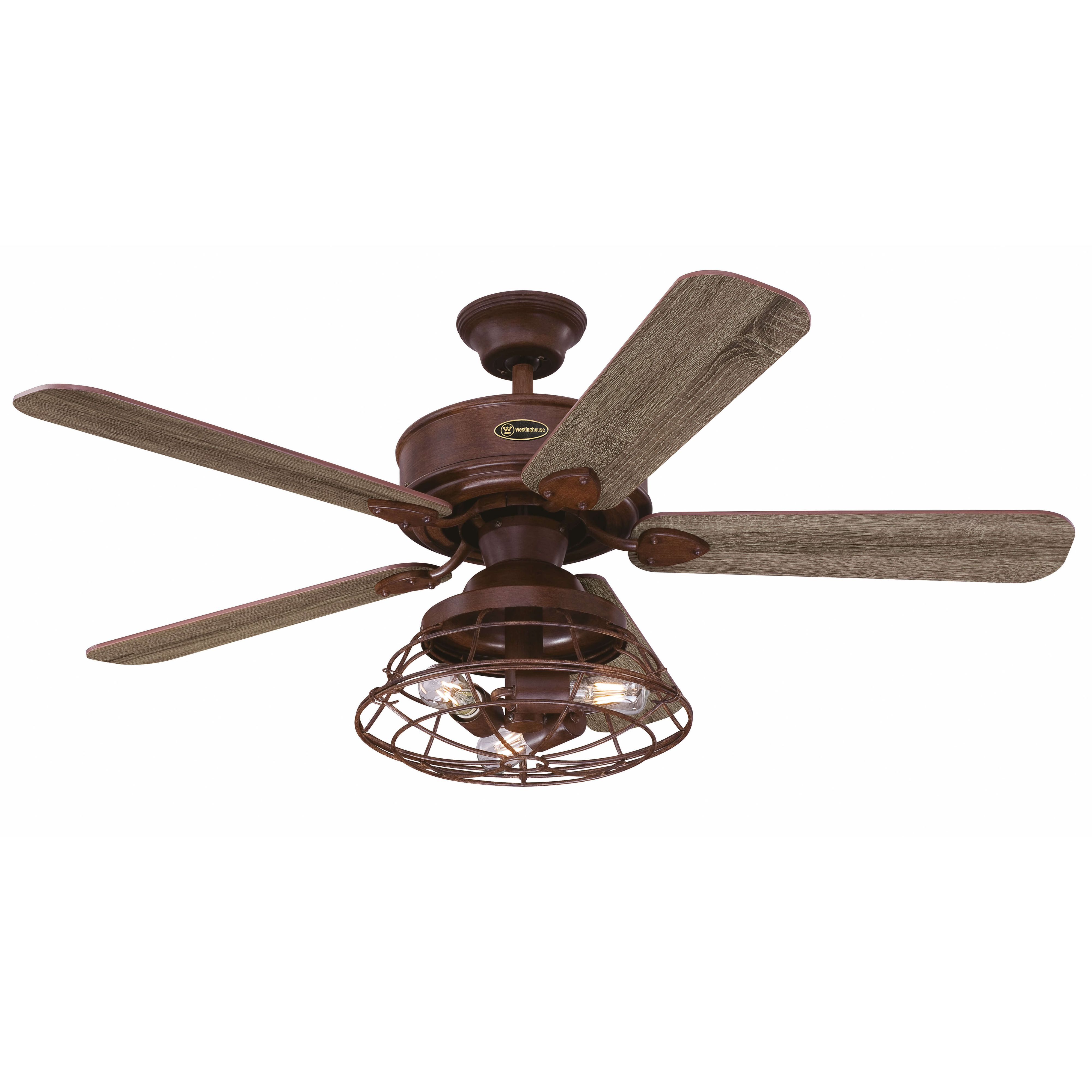 Deckenventilator mit braunen Blättern und Lichtkäfig. Weißer Hintergrund.