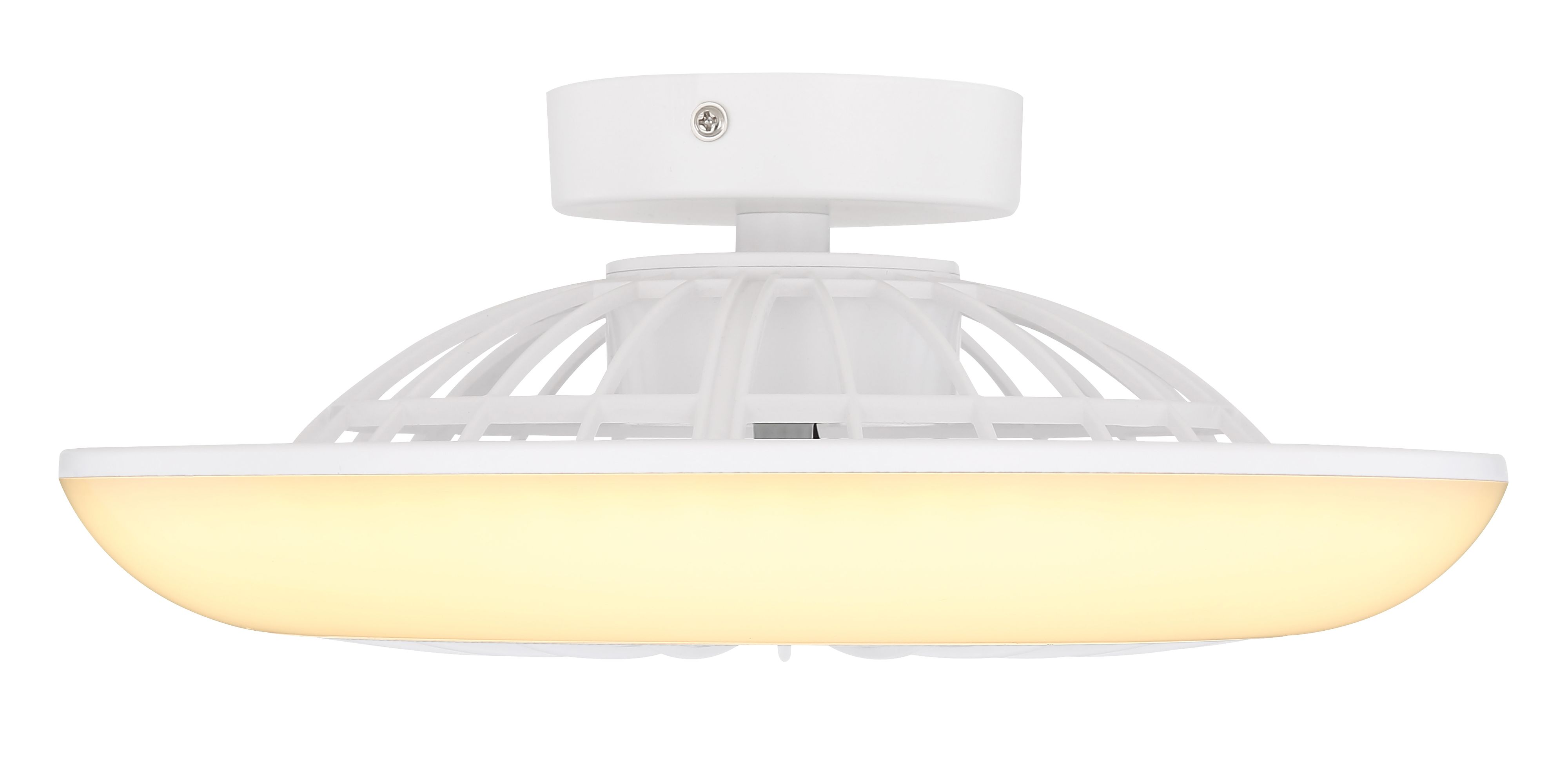 Weißer Deckenventilator mit rundem Licht und modernem Design.
