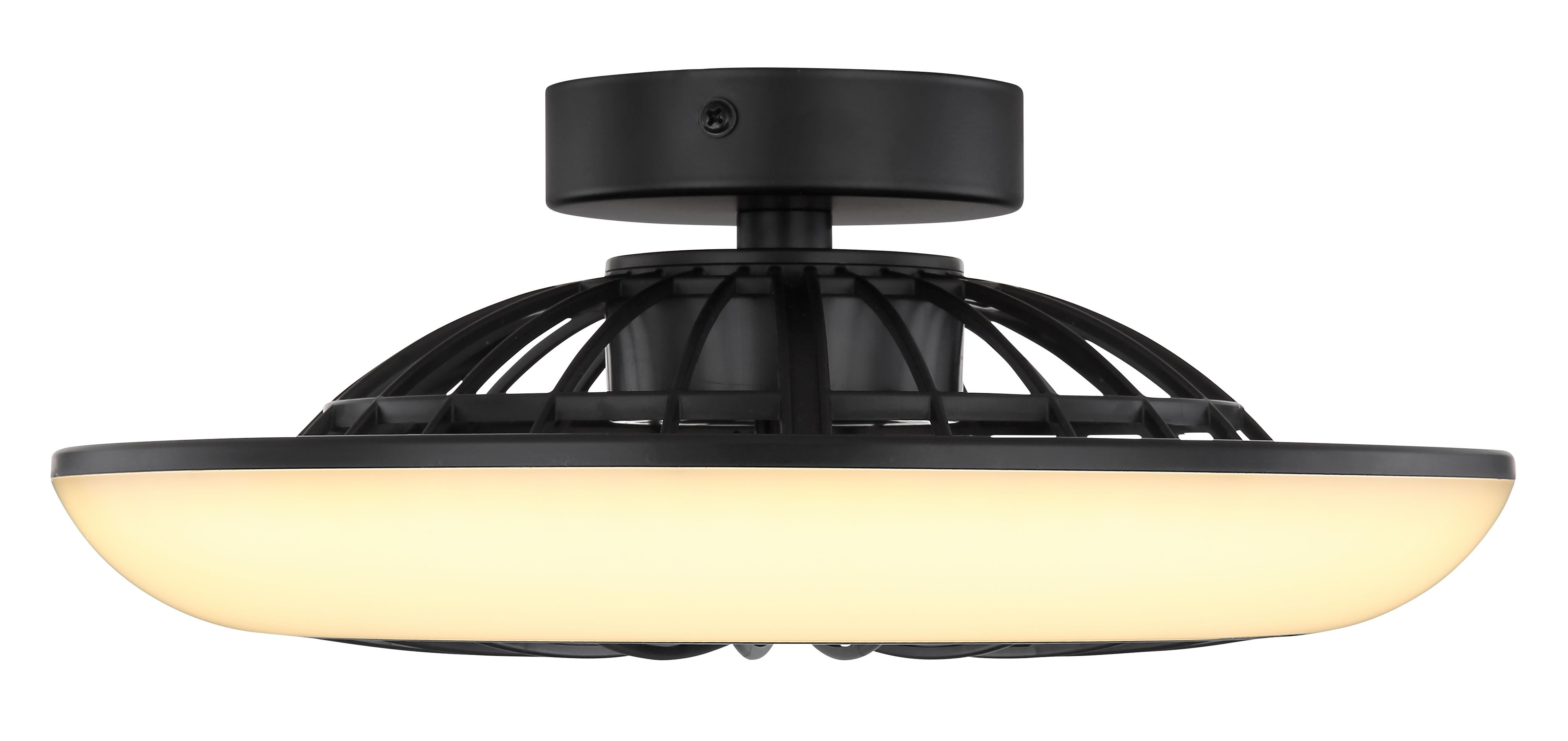 Schwarzer Deckenventilator mit modernem Design und integrierter Beleuchtung. Von unten betrachtet.