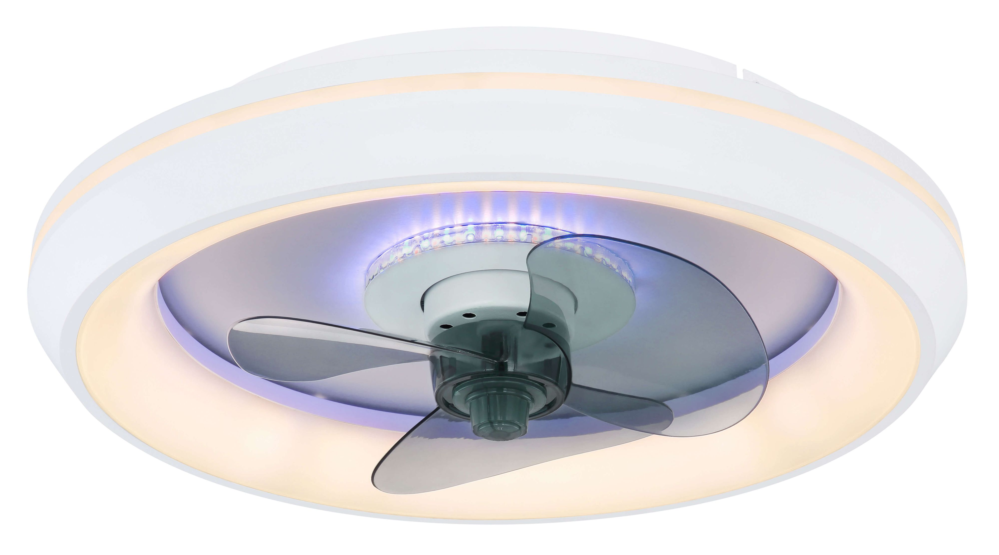 Weißer Deckenventilator mit Lichtring und drei transparenten Flügeln.