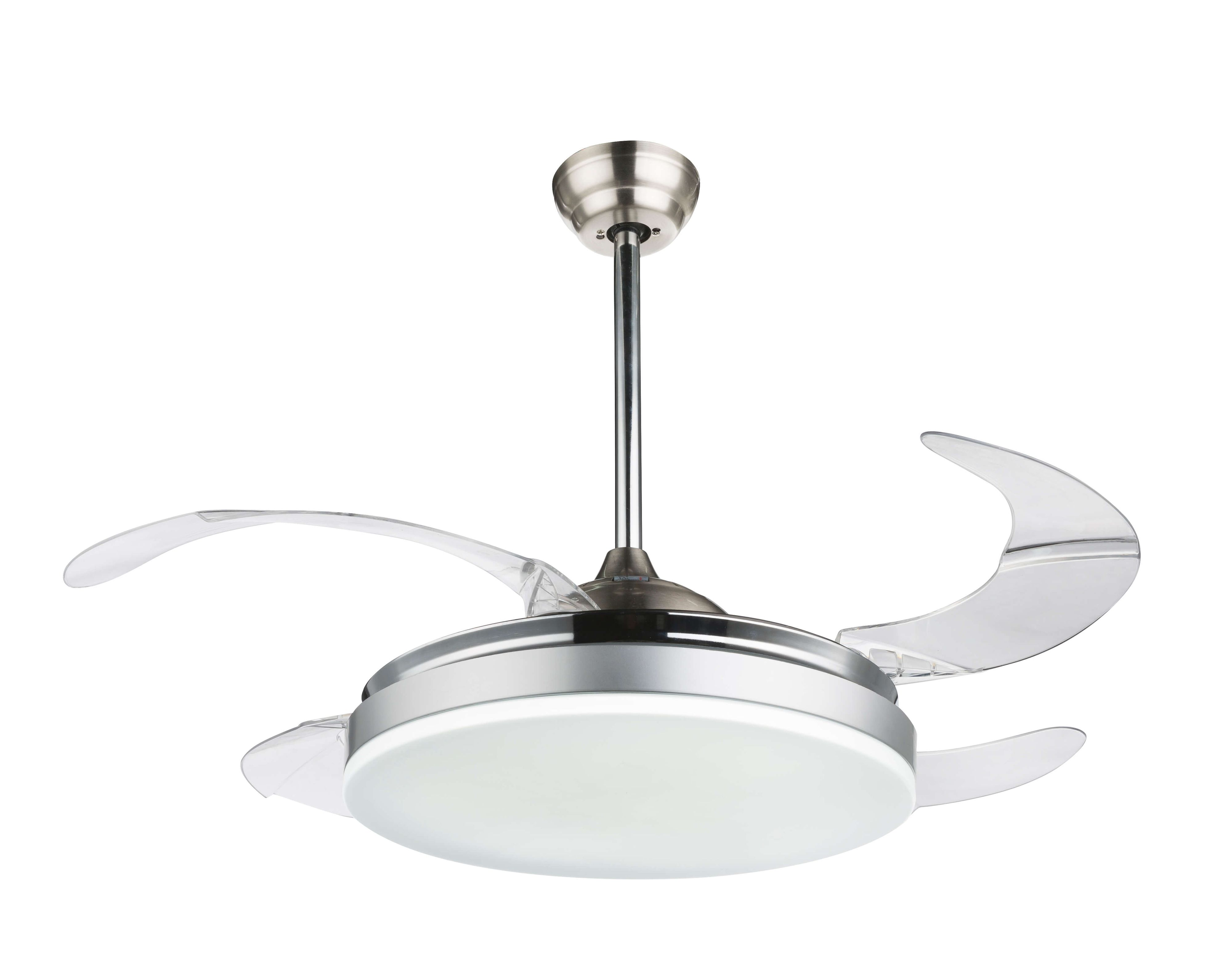 Deckenventilator mit durchsichtigen Flügeln und zentralem Licht.