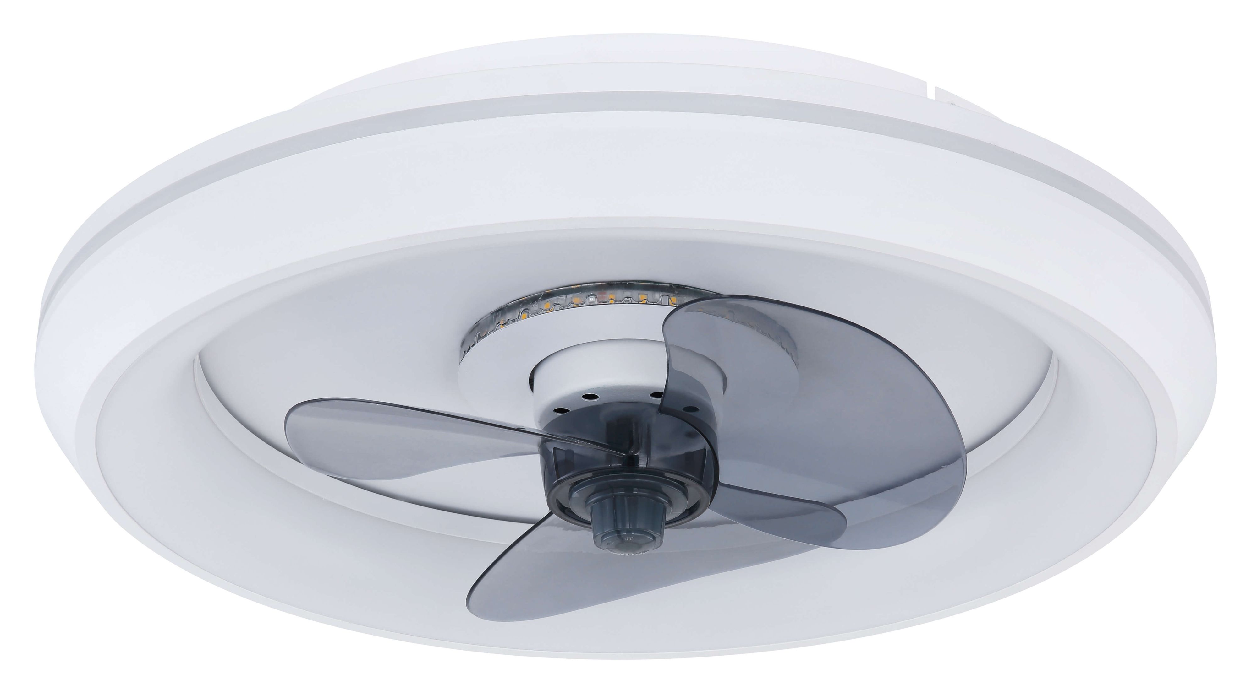 Weißer runder Deckenventilator mit drei grauen Blättern, integriertem Licht, vor weißem Hintergrund.