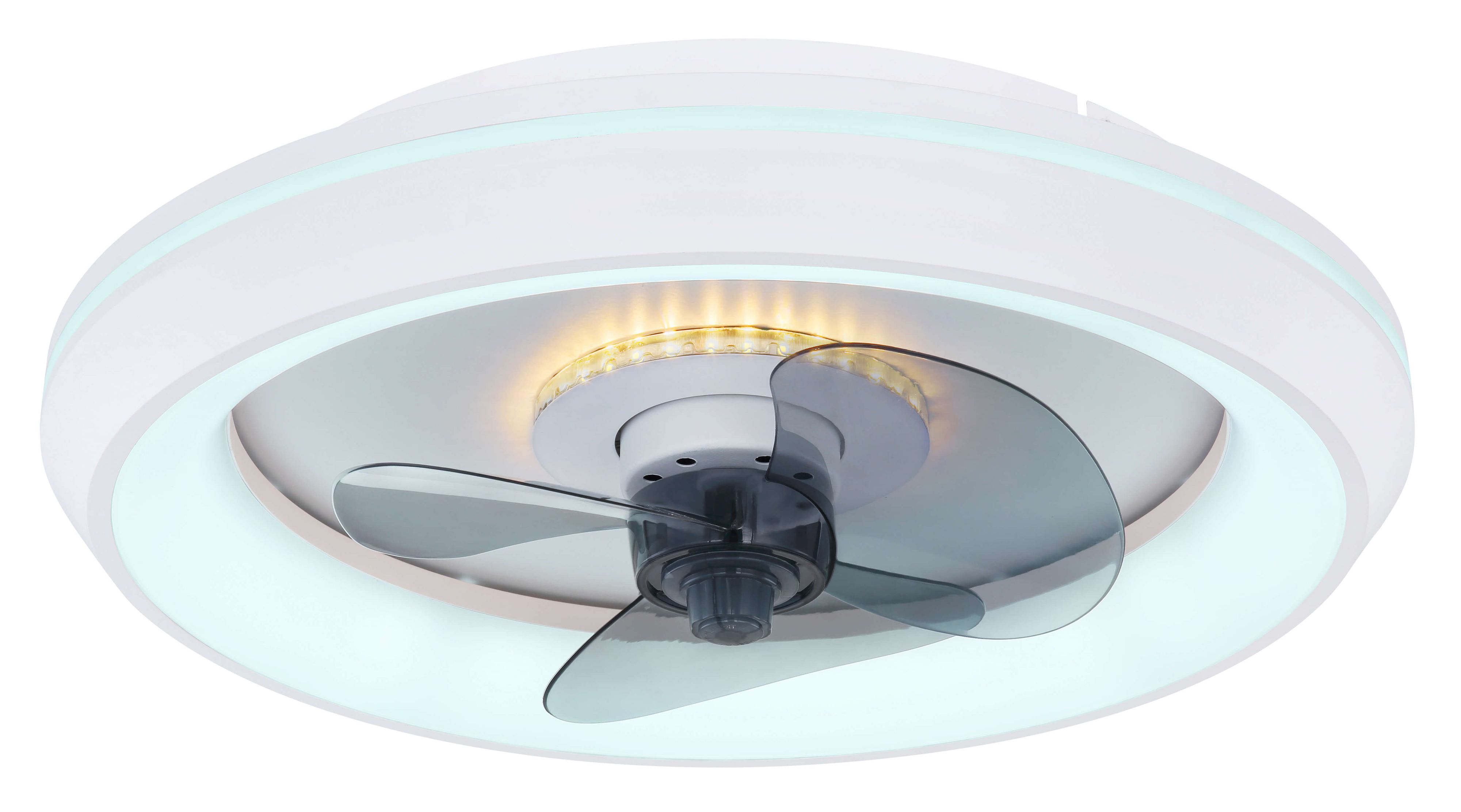 Weißer Deckenventilator mit grauen Flügeln und Lichtring. Die Mitte hat ein kleines Licht.