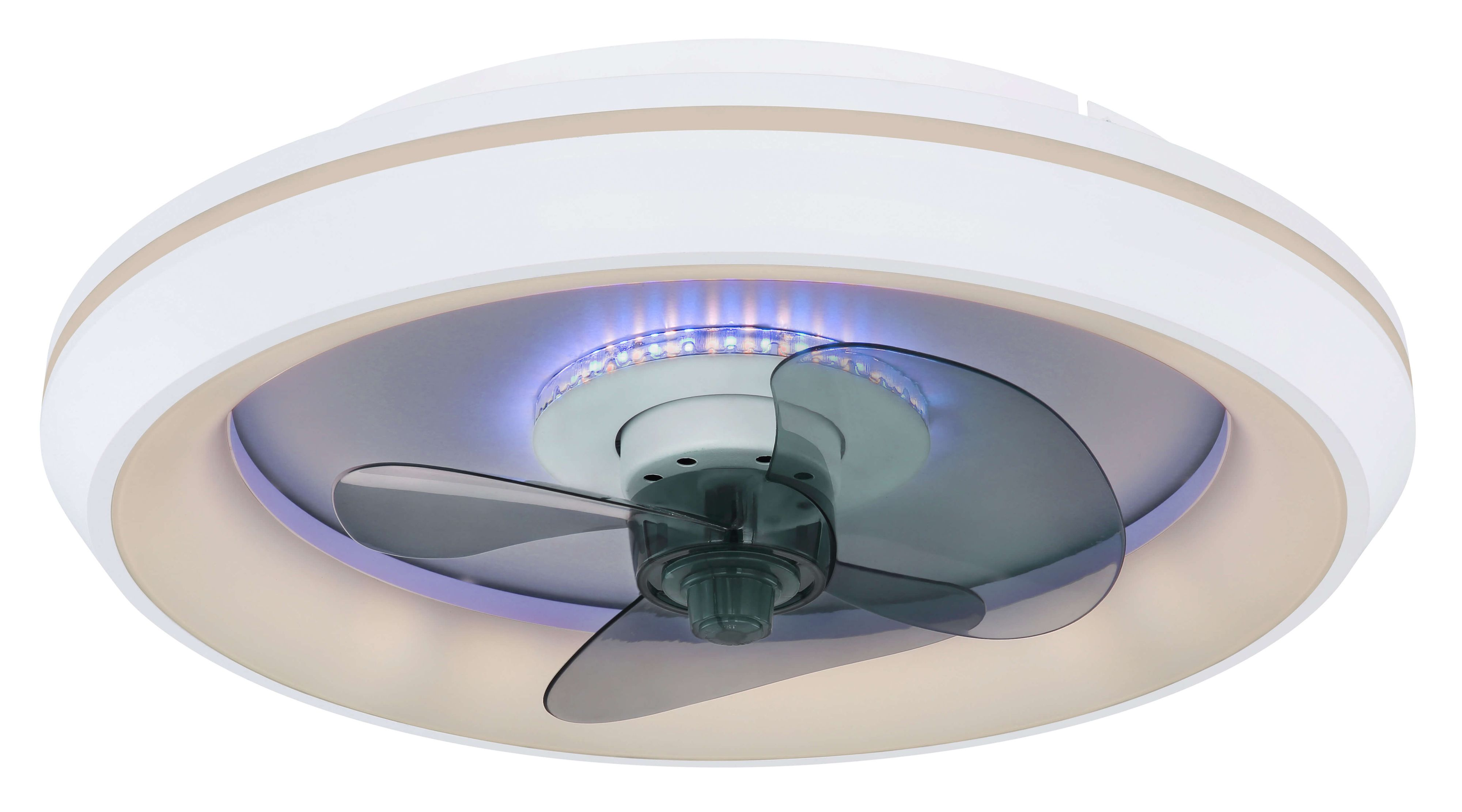 Ein weißer Deckenventilator mit Licht und einem integrierten LED-Ring, isoliert auf weißem Hintergrund.