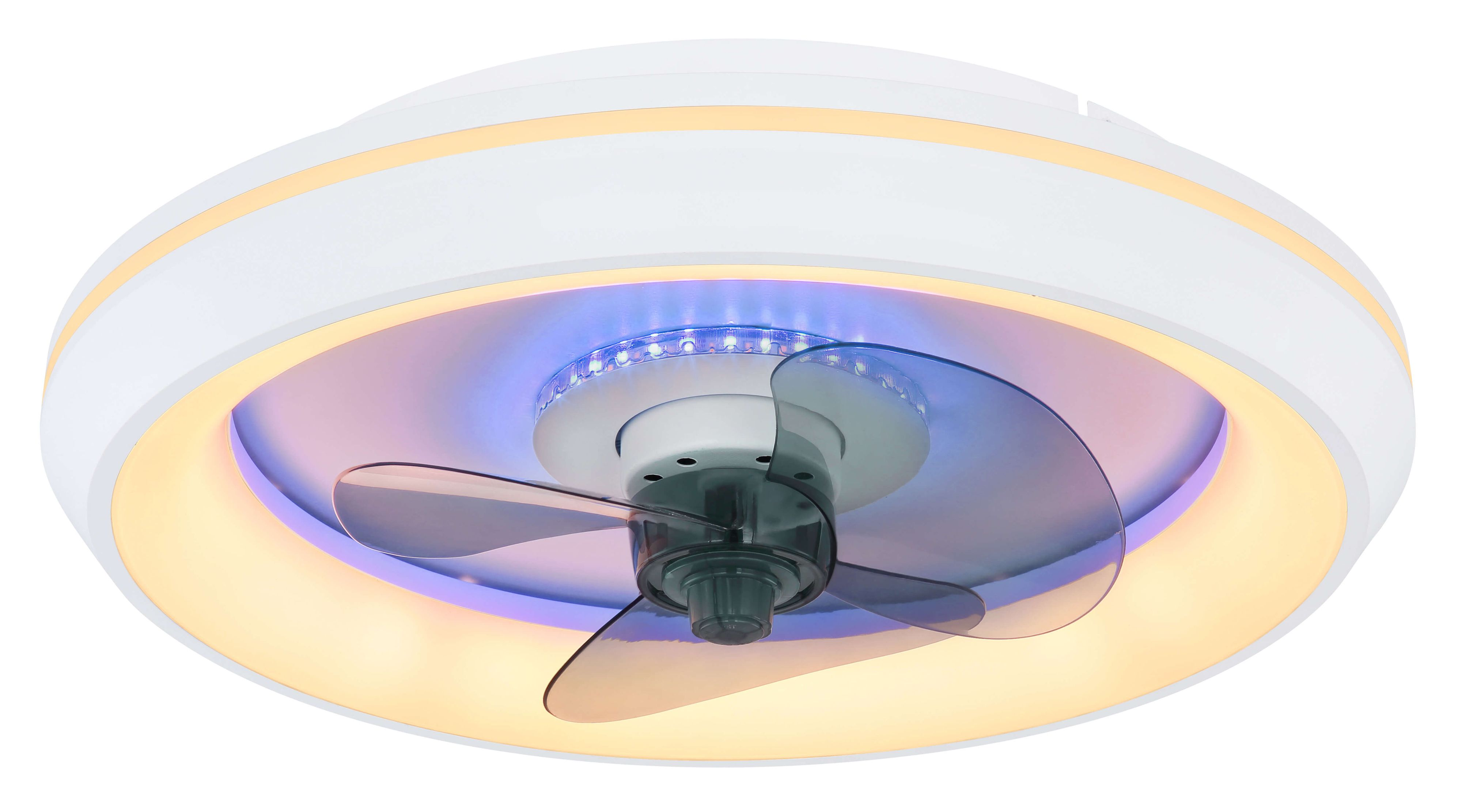 Weißer Deckenventilator mit einem Lichtring.