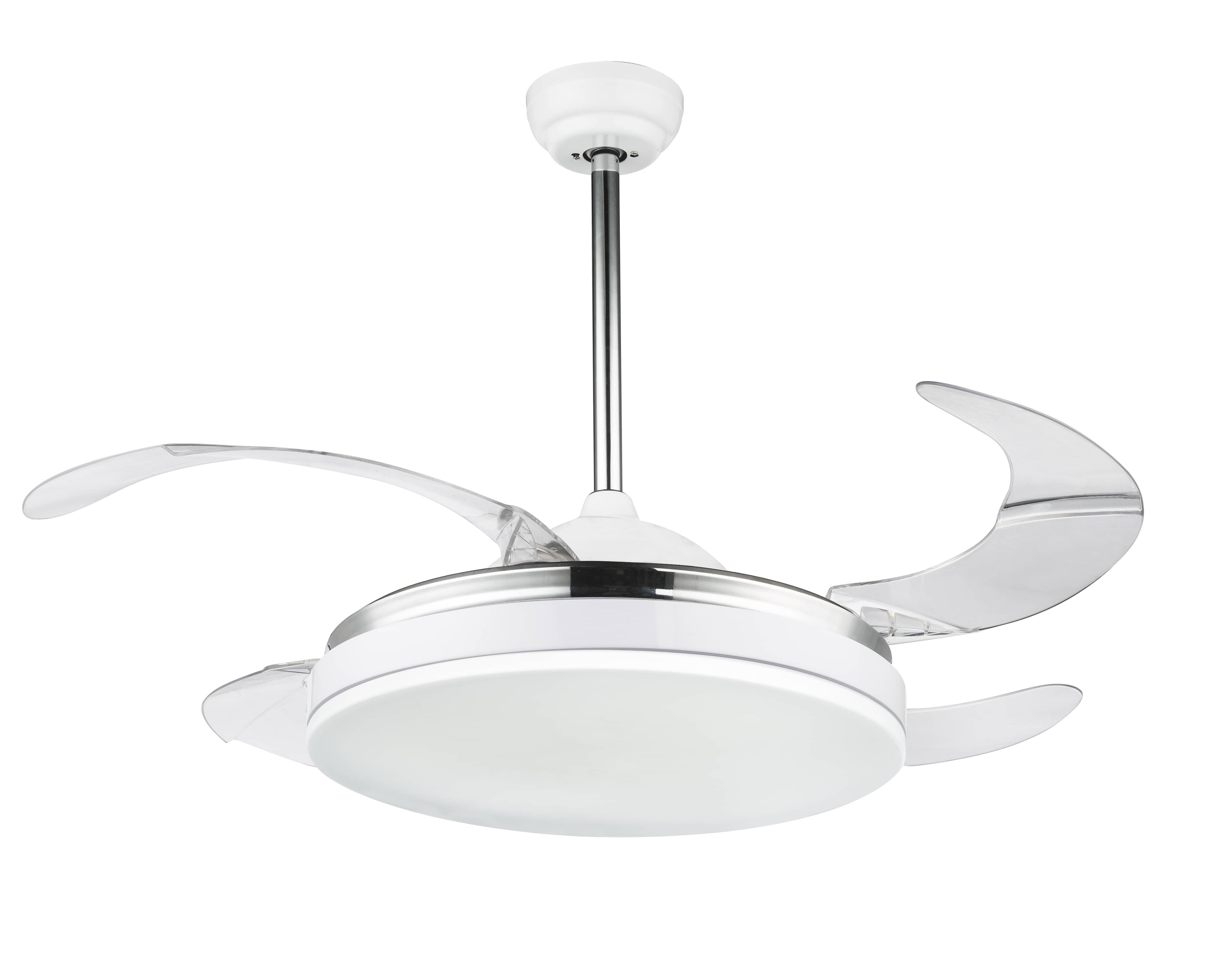 Weißer Deckenventilator mit drei gebogenen Flügeln und einem zentralen Licht.