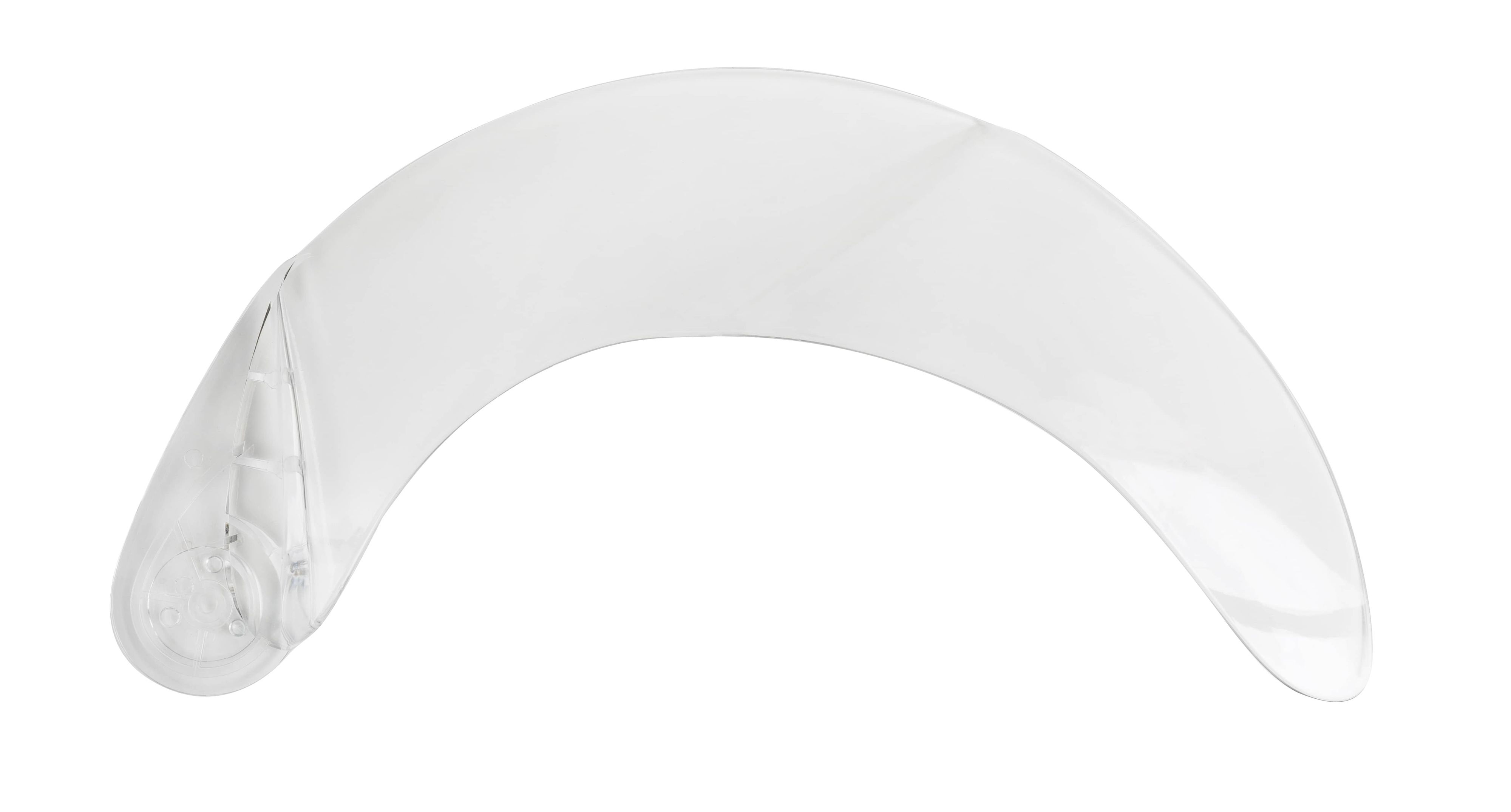 Klare Motorradhelm-Visier, gebogene Form, auf weißem Hintergrund.