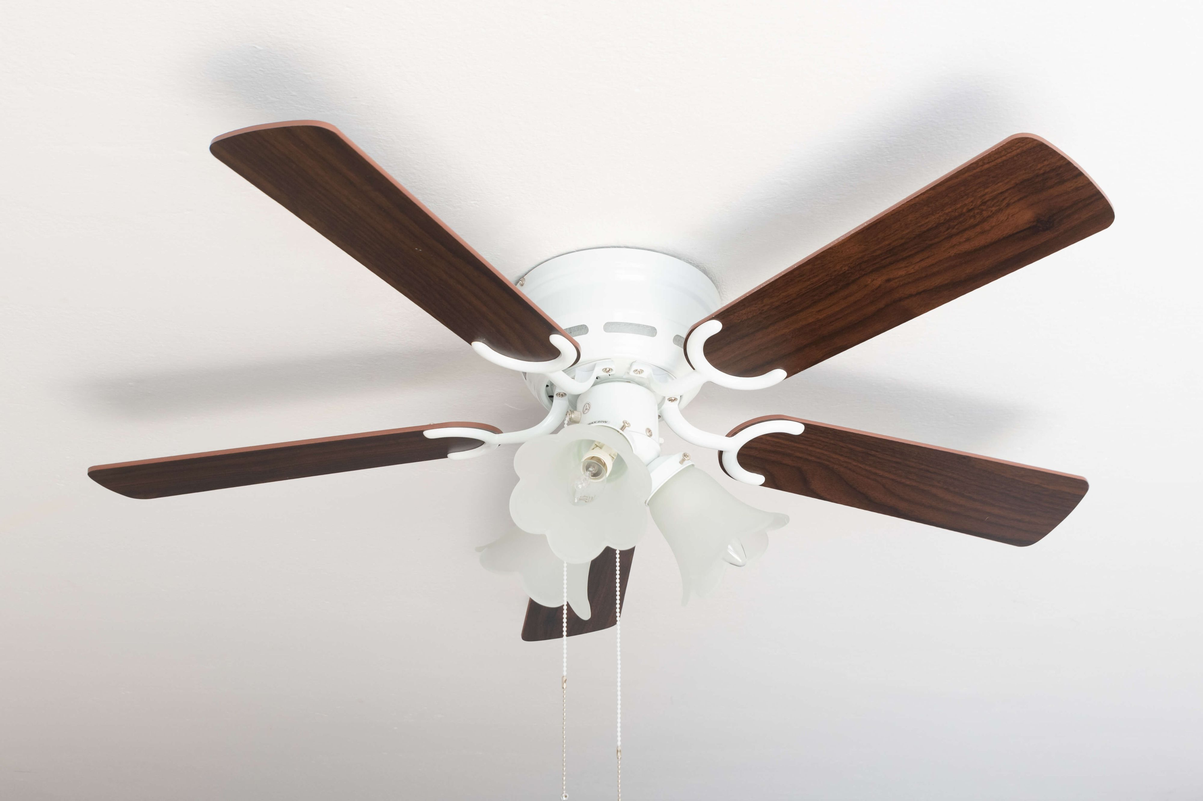 Ein weißer Deckenventilator mit dunklen Holzflügeln und einer zentralen Leuchte mit drei Glasschirmen.