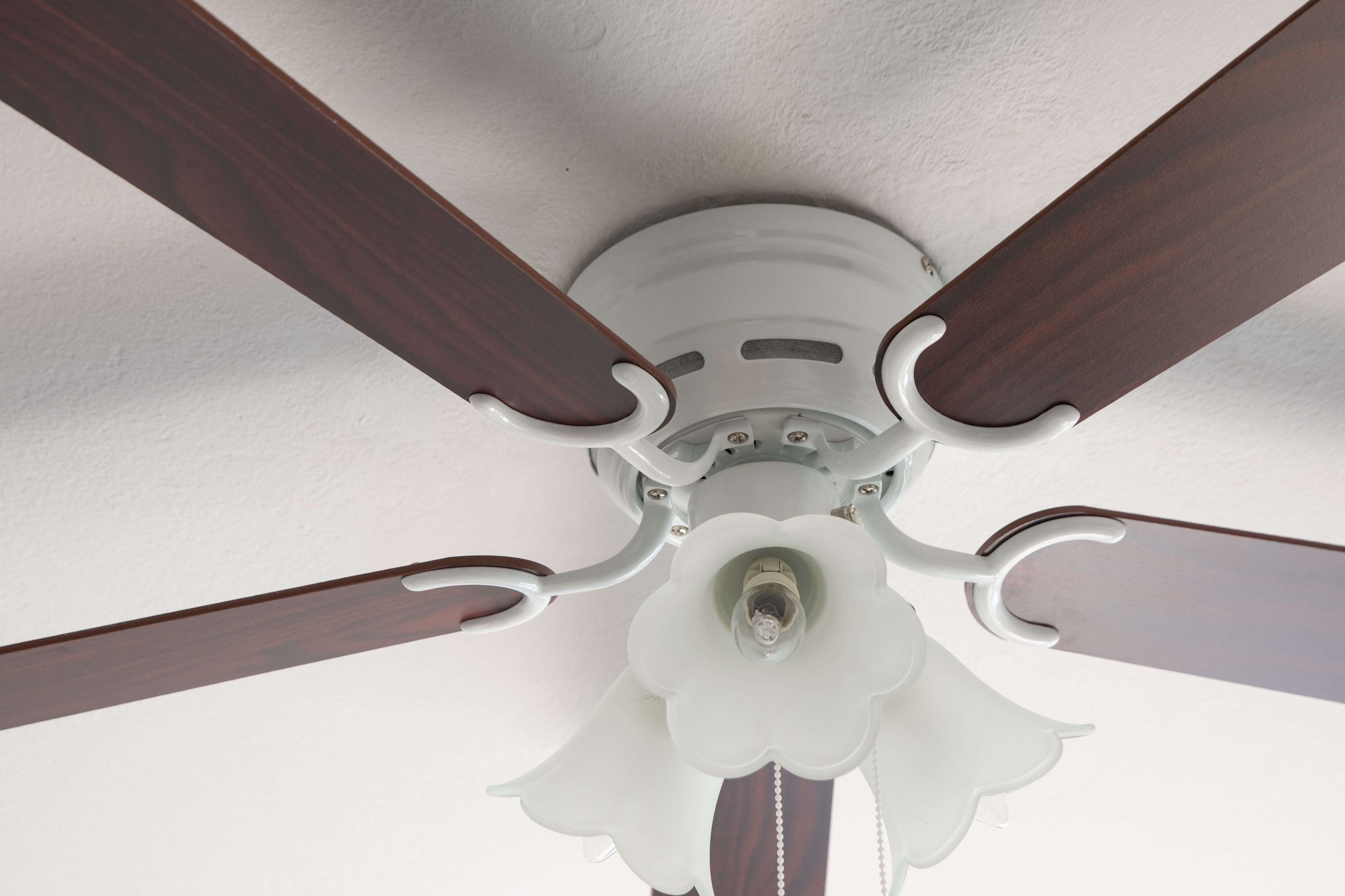 Deckenventilator mit braunen Flügeln und weißer Leuchte mit Lichtern. Weiße Decke.