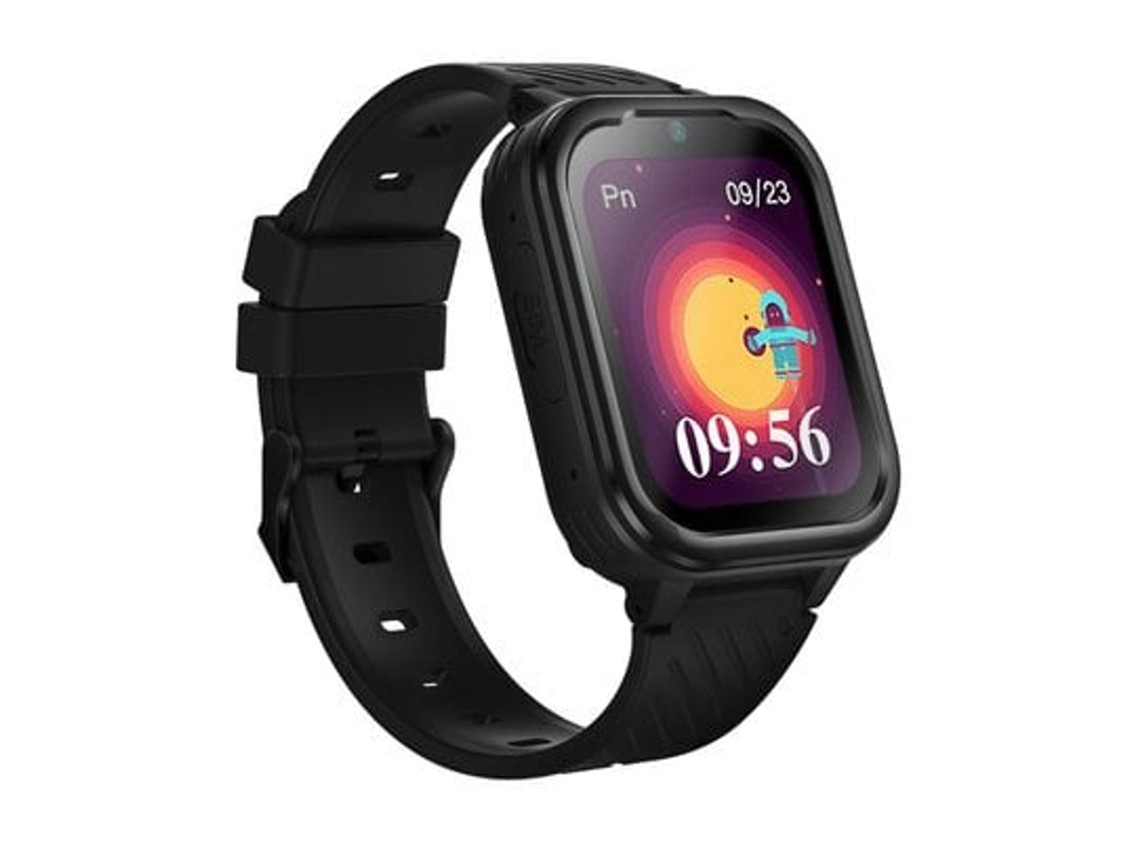 Smartwatch nero con schermo che mostra l'ora e la data.
