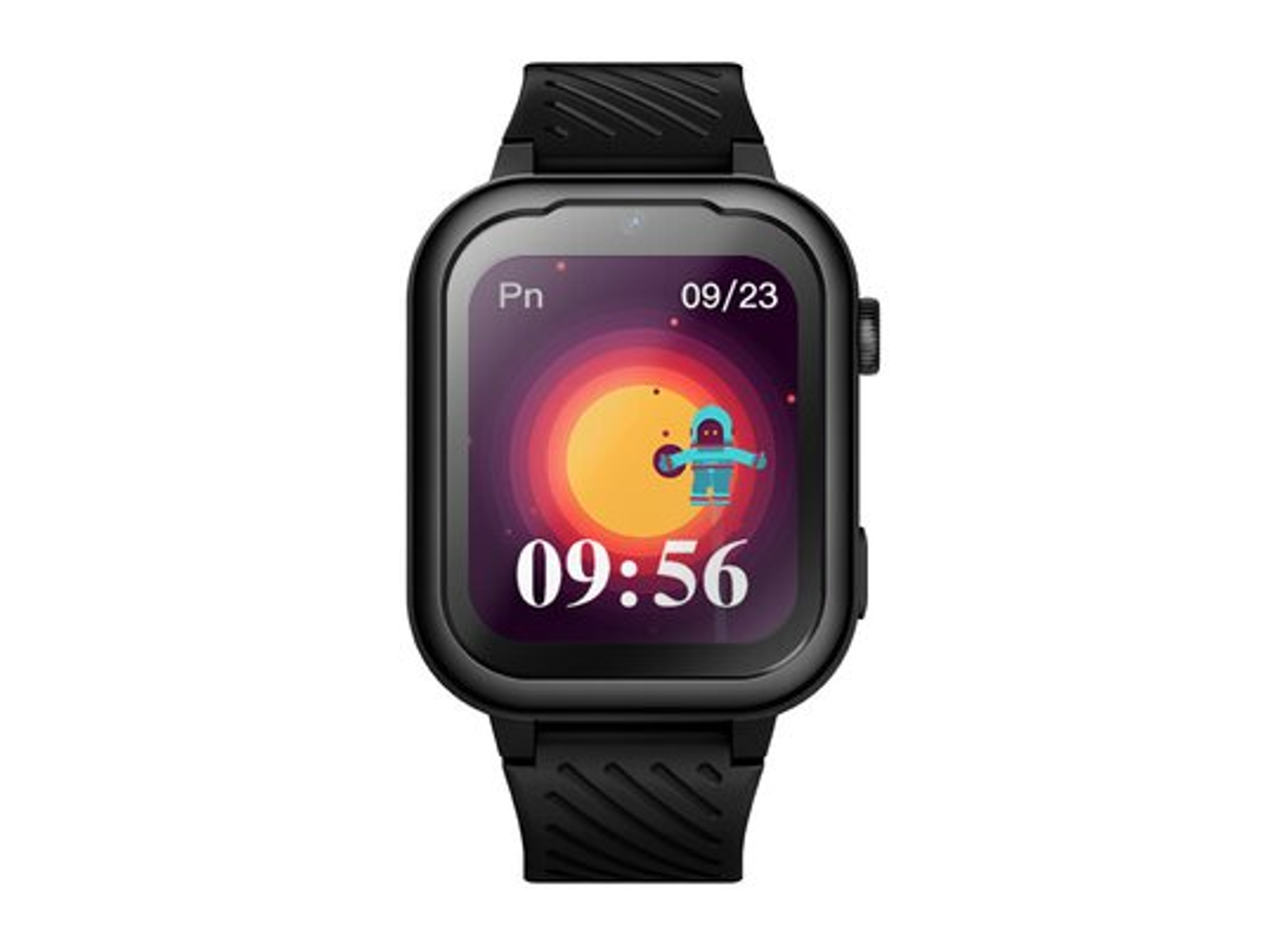 Smartwatch nero, schermo che mostra ora, data e grafica.