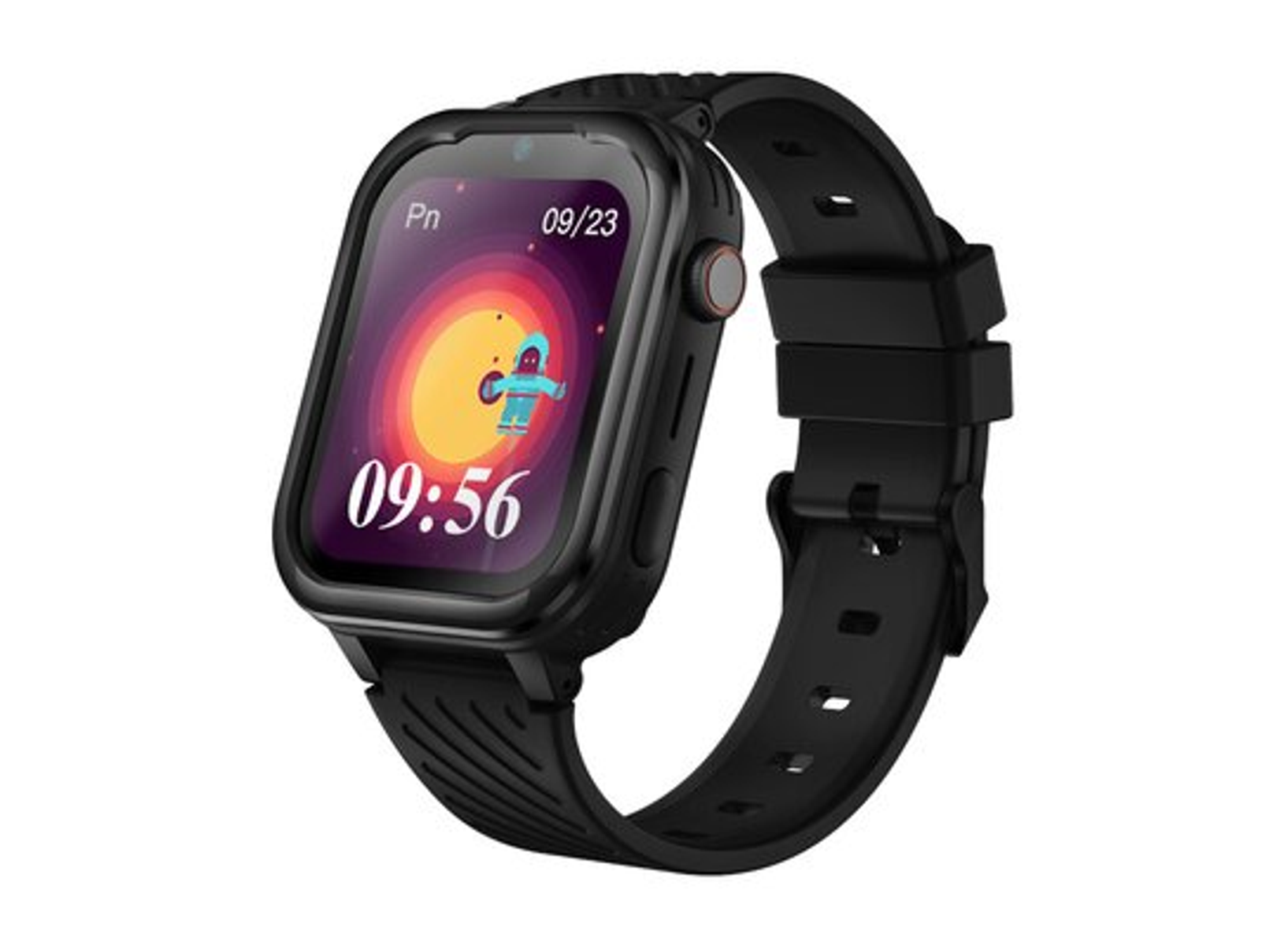 Smartwatch nero con schermo che mostra una grafica, l'ora e la data.