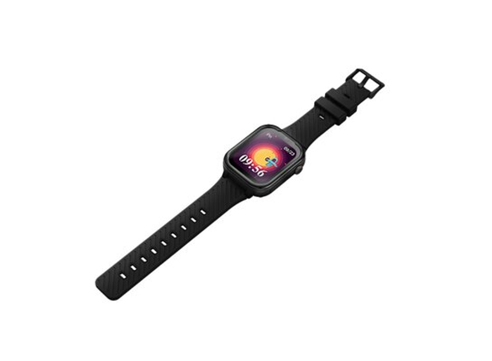 Smartwatch nero, schermo che mostra grafica, ora e data, su bianco.