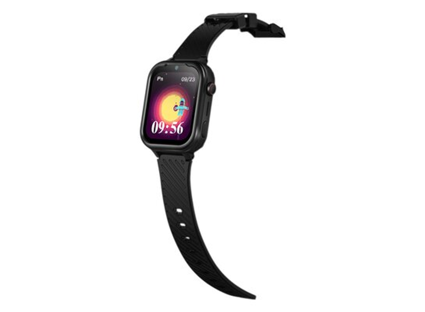 Smartwatch nero con schermo che mostra grafica, ora e data.