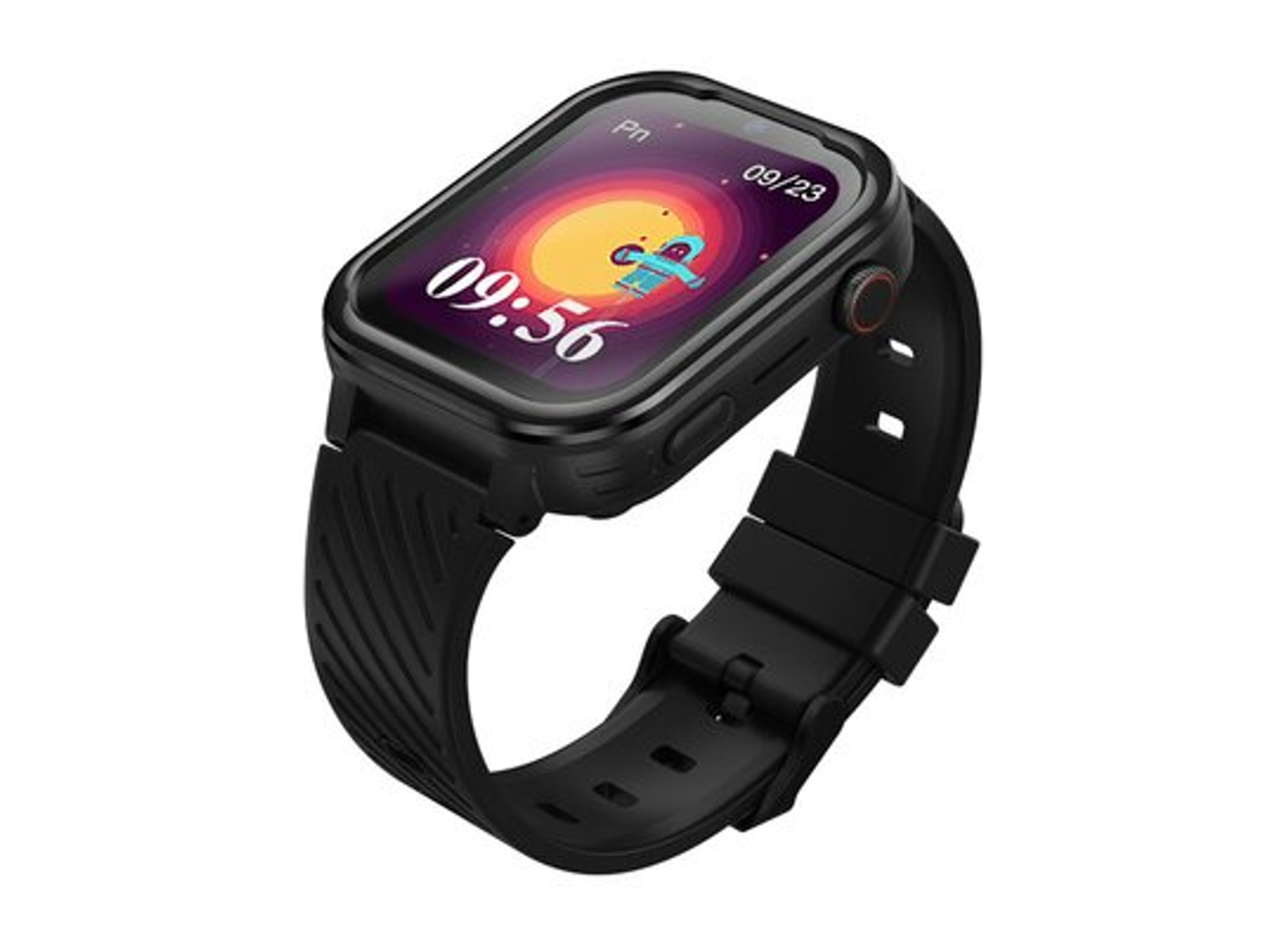 Smartwatch nero che mostra ora, data e grafica sul suo schermo.