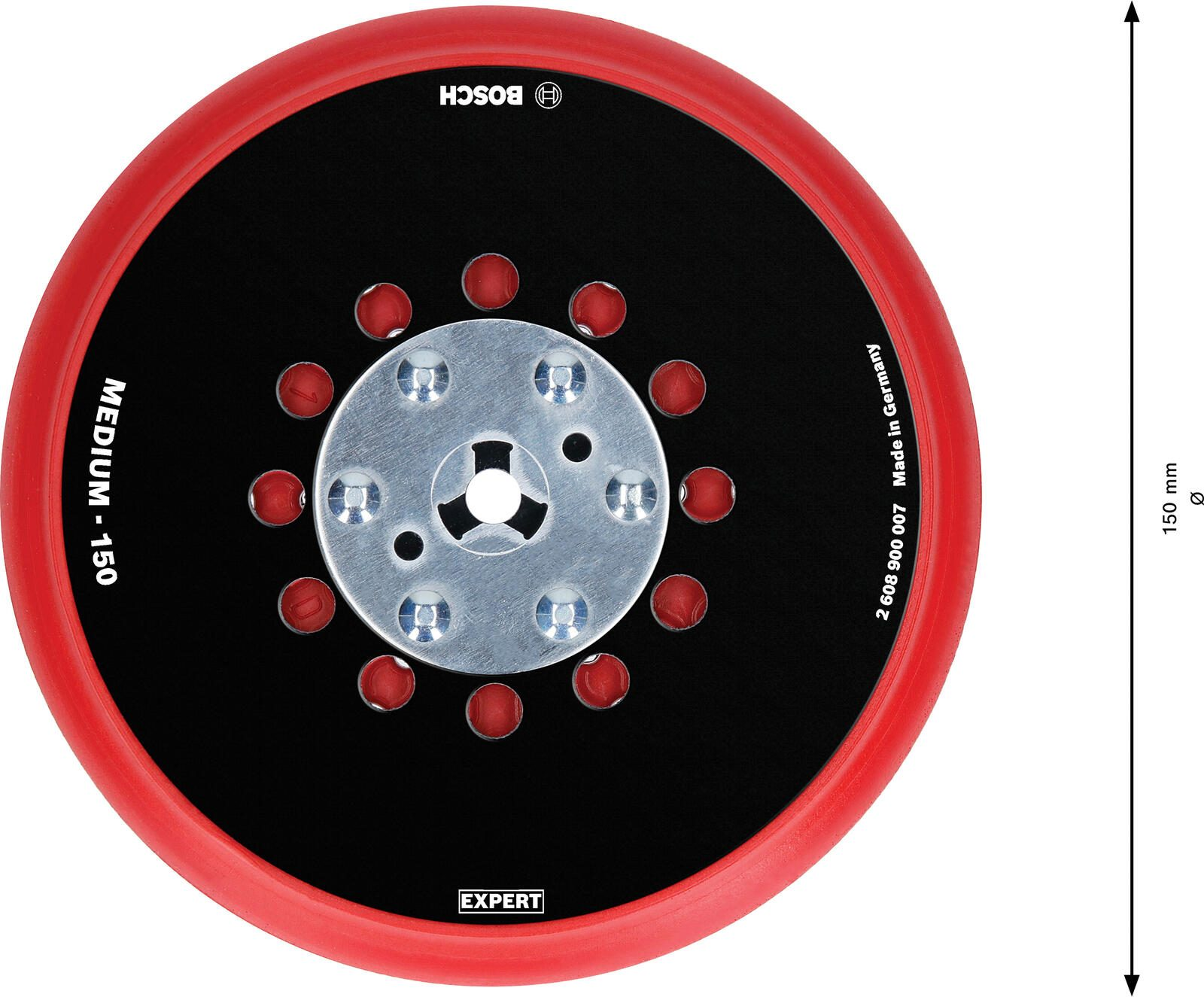 Disco abrasivo rosso e nero con la parola MEDIUM, il diametro è di 150 mm.