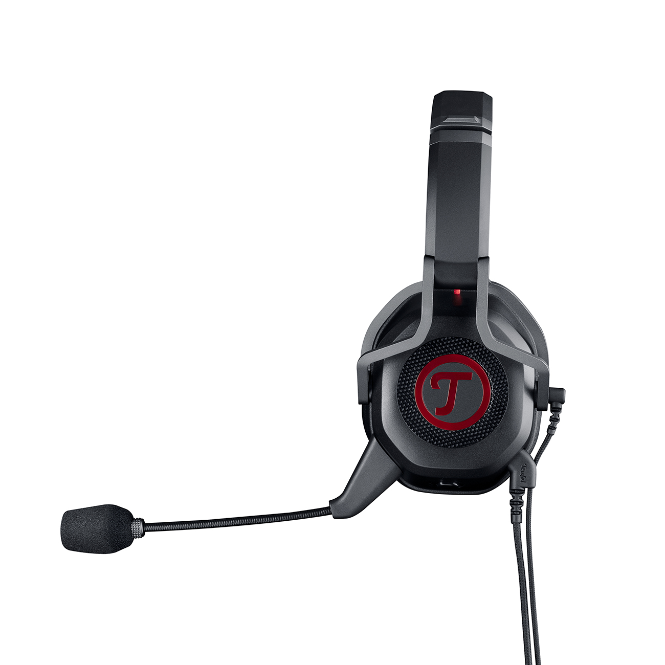 Schwarzes Gaming-Headset mit roten Akzenten und Mikrofon. Weißer Hintergrund.
