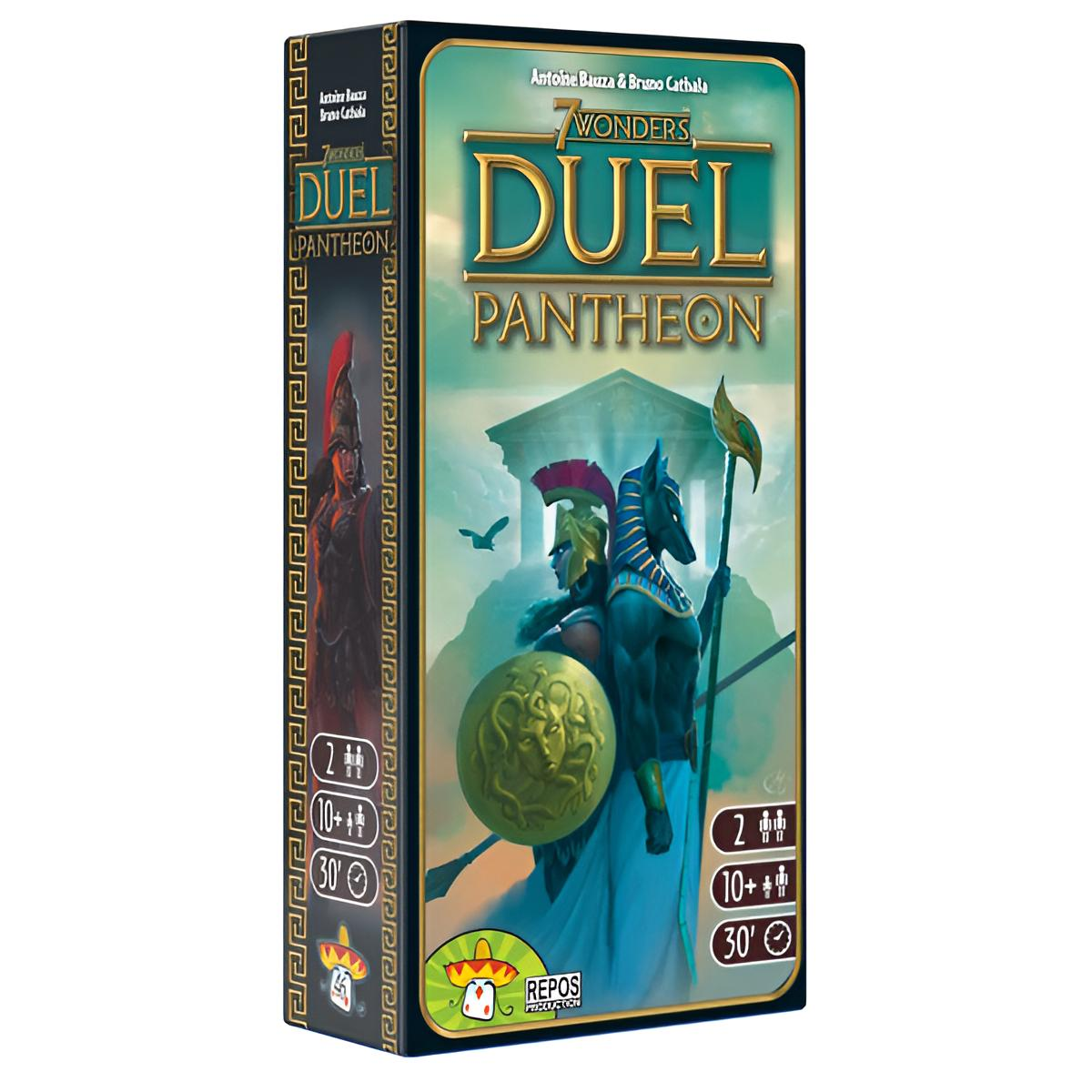 Spielbox mit dem Titel '7 Wonders Duel Pantheon' mit illustrierten Figuren und Logo.