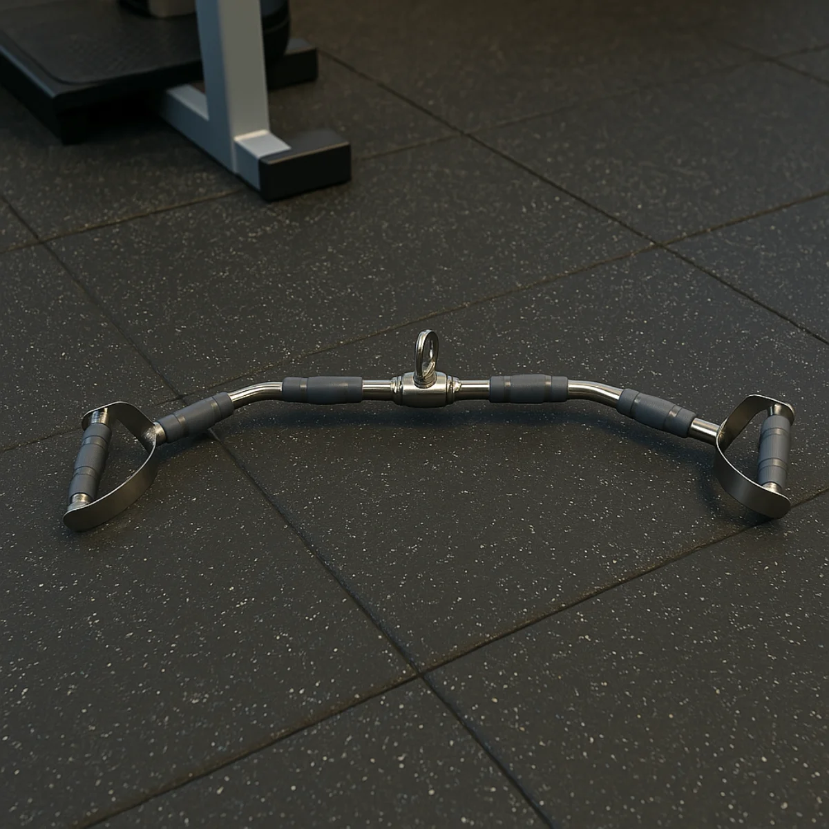 Gym equipment, curved pull-up bar with gray handles. Black floor in the background.