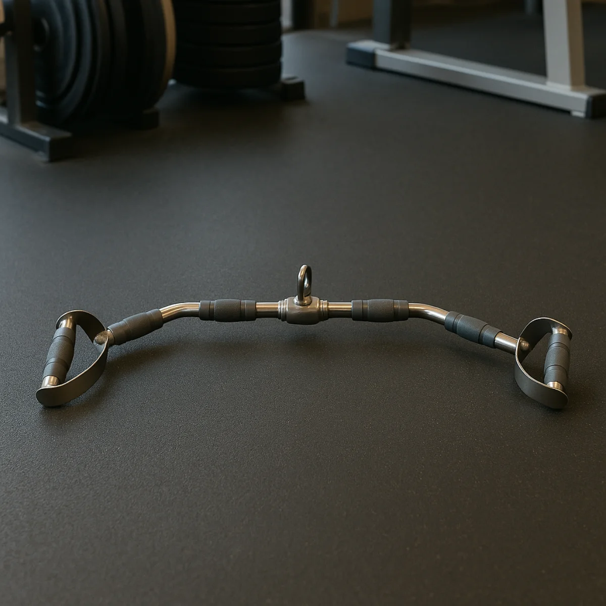 Gym equipment, curved pull-up bar with gray handles. Black floor in the background.