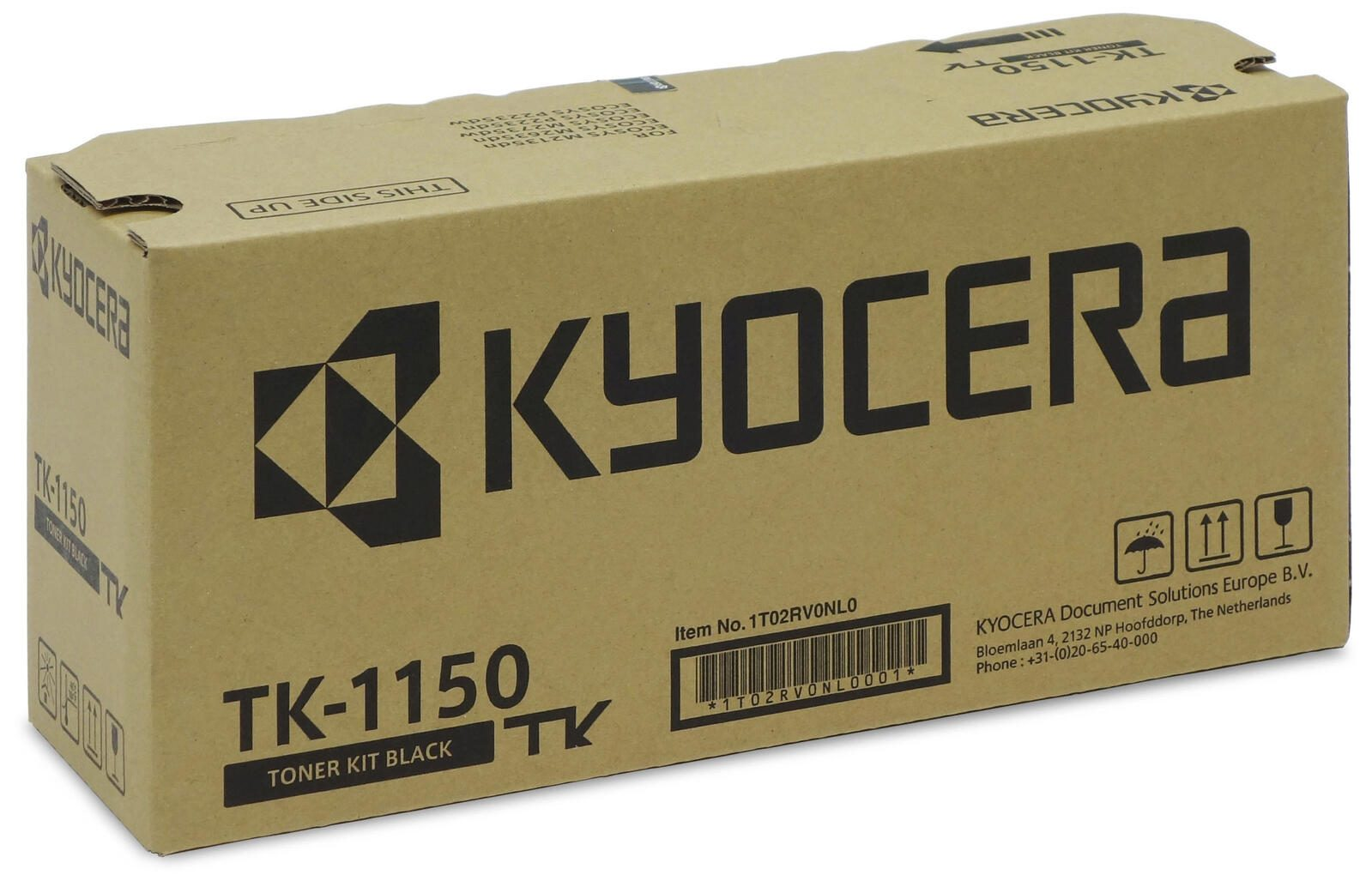 Scatola del kit toner Kyocera TK-1150. Scatola marrone con testo nero e logo Kyocera.