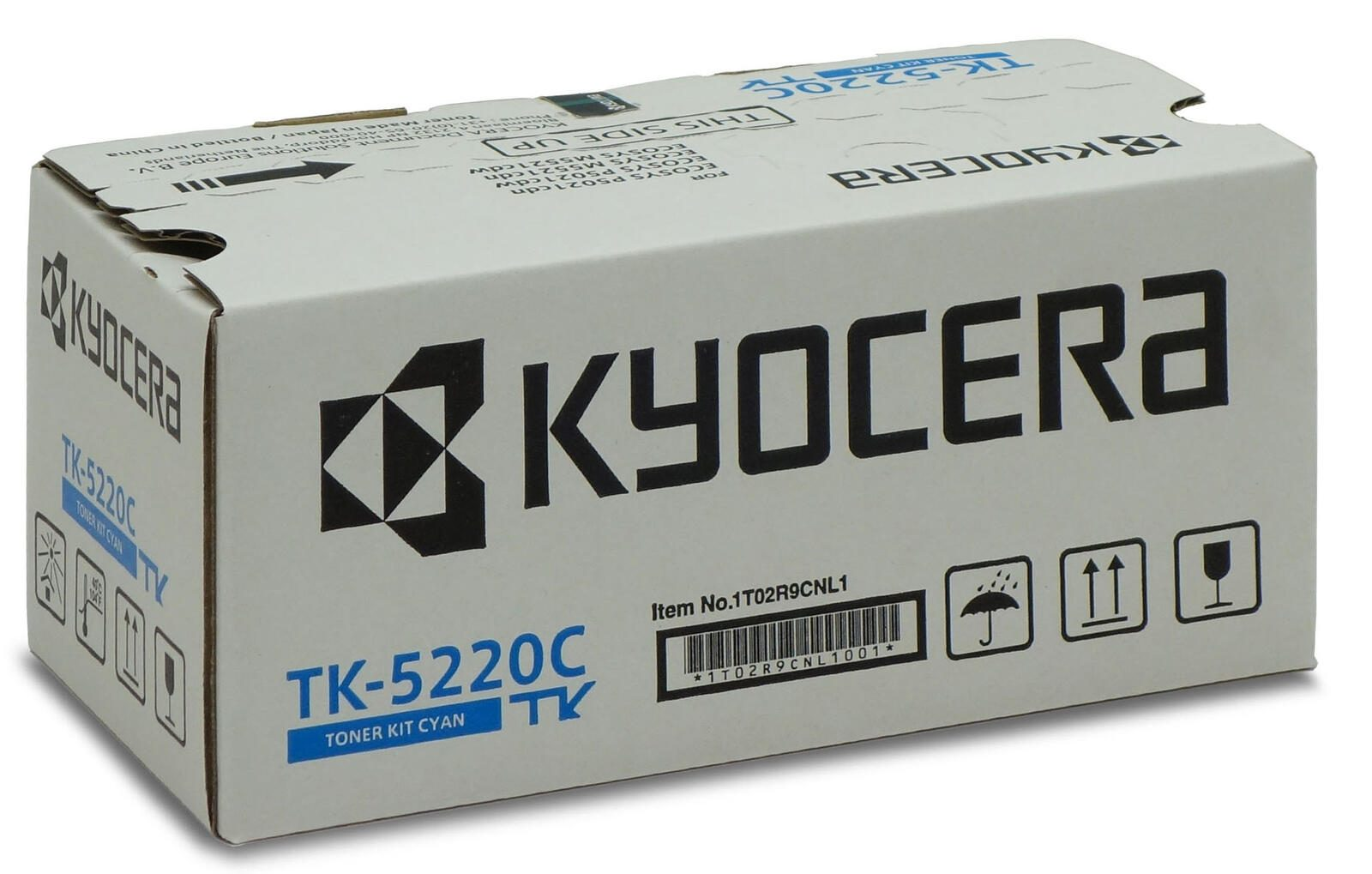 Pudełko z tonerem Kyocera z tekstem i symbolami. Białe pudełko na białym tle.