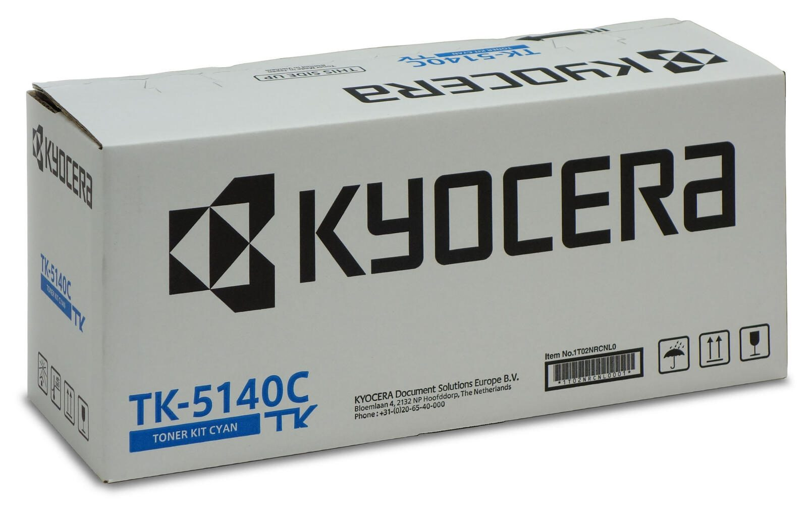 Une boîte de cartouche de toner Kyocera blanche et bleue avec les détails du produit.