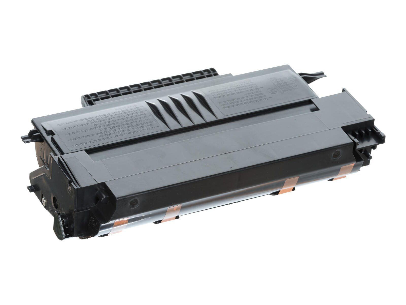 Una cartuccia toner nera su sfondo bianco, che mostra i dettagli superiori e laterali.