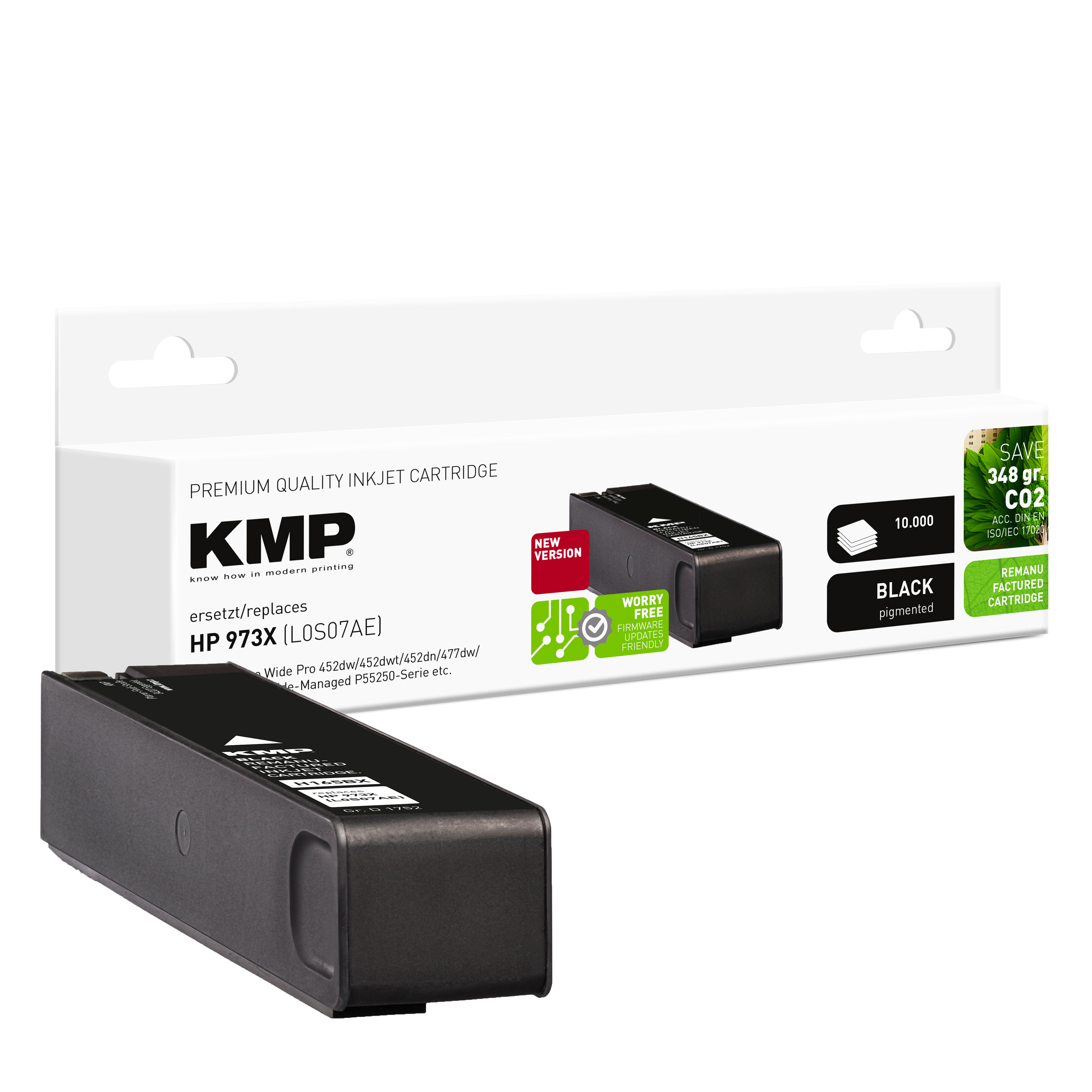 Una cartuccia d'inchiostro KMP HP 973X, inchiostro nero, con informazioni sul prodotto.