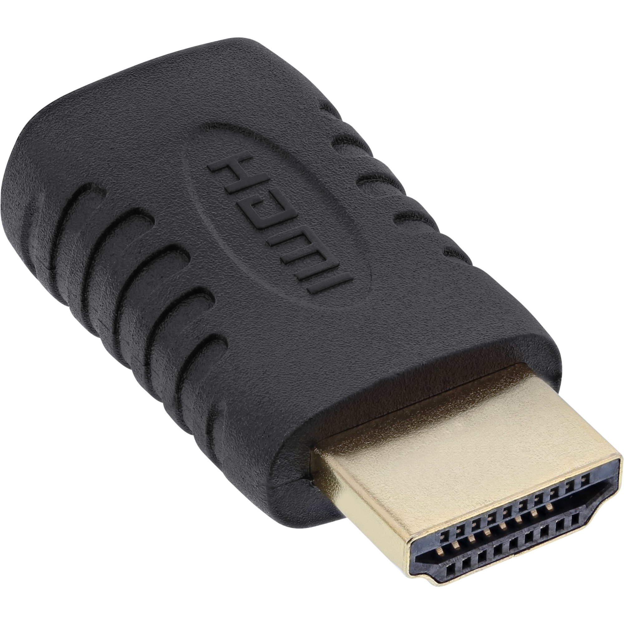 Schwarzer HDMI-Adapter mit goldfarbenem Stecker, isoliert auf weißem Hintergrund.