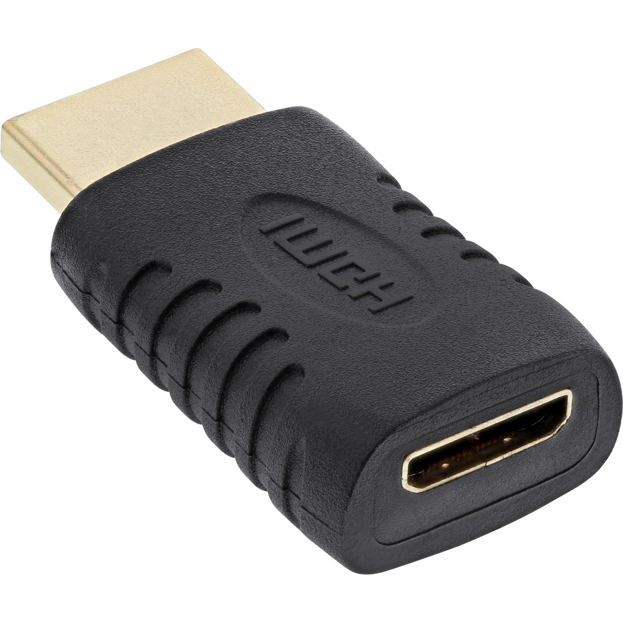 Schwarzer HDMI-Adapter mit einem goldfarbenen HDMI-Anschluss. Der Adapter ist rechteckig mit abgerundeten Kanten.