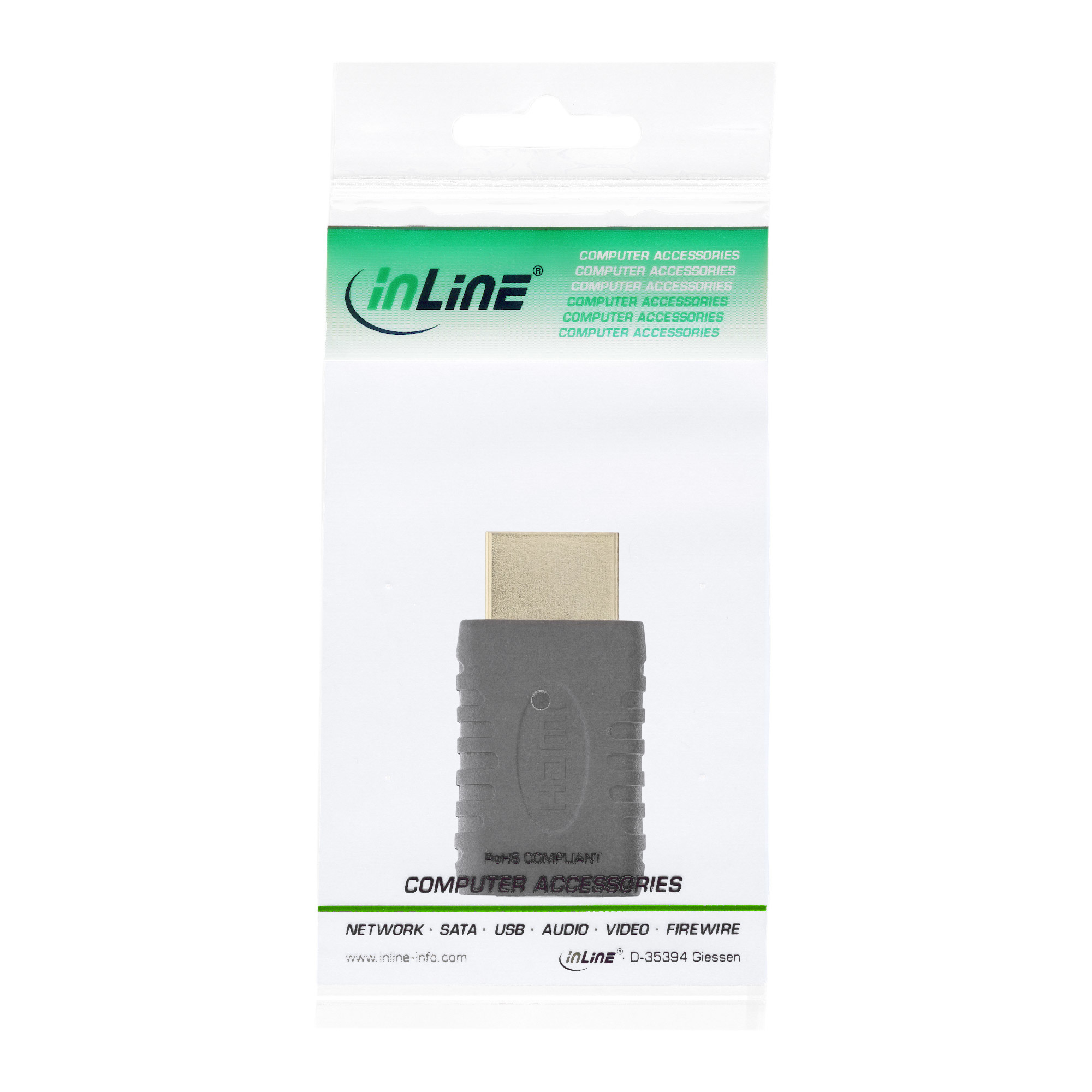 HDMI-Adapter in einer transparenten Kunststoffverpackung. Der Adapter ist dunkelgrau mit goldenem Anschluss.