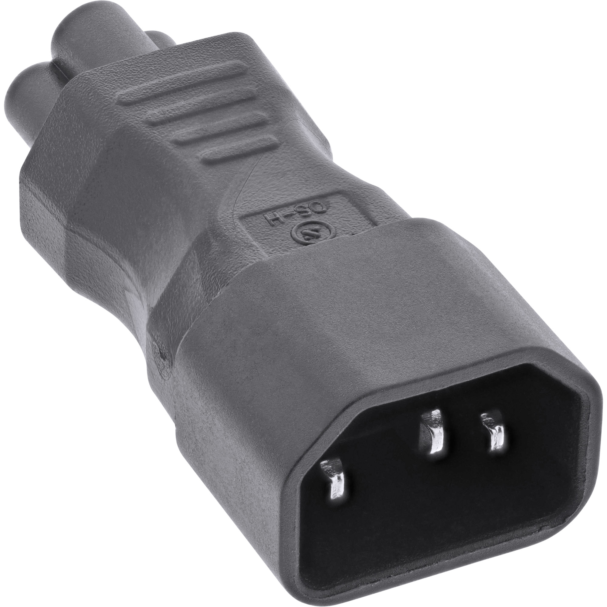 Ein dunkelgrauer Netzadapter mit drei Stiften an einem Ende und einer Dreifachbuchse am anderen.